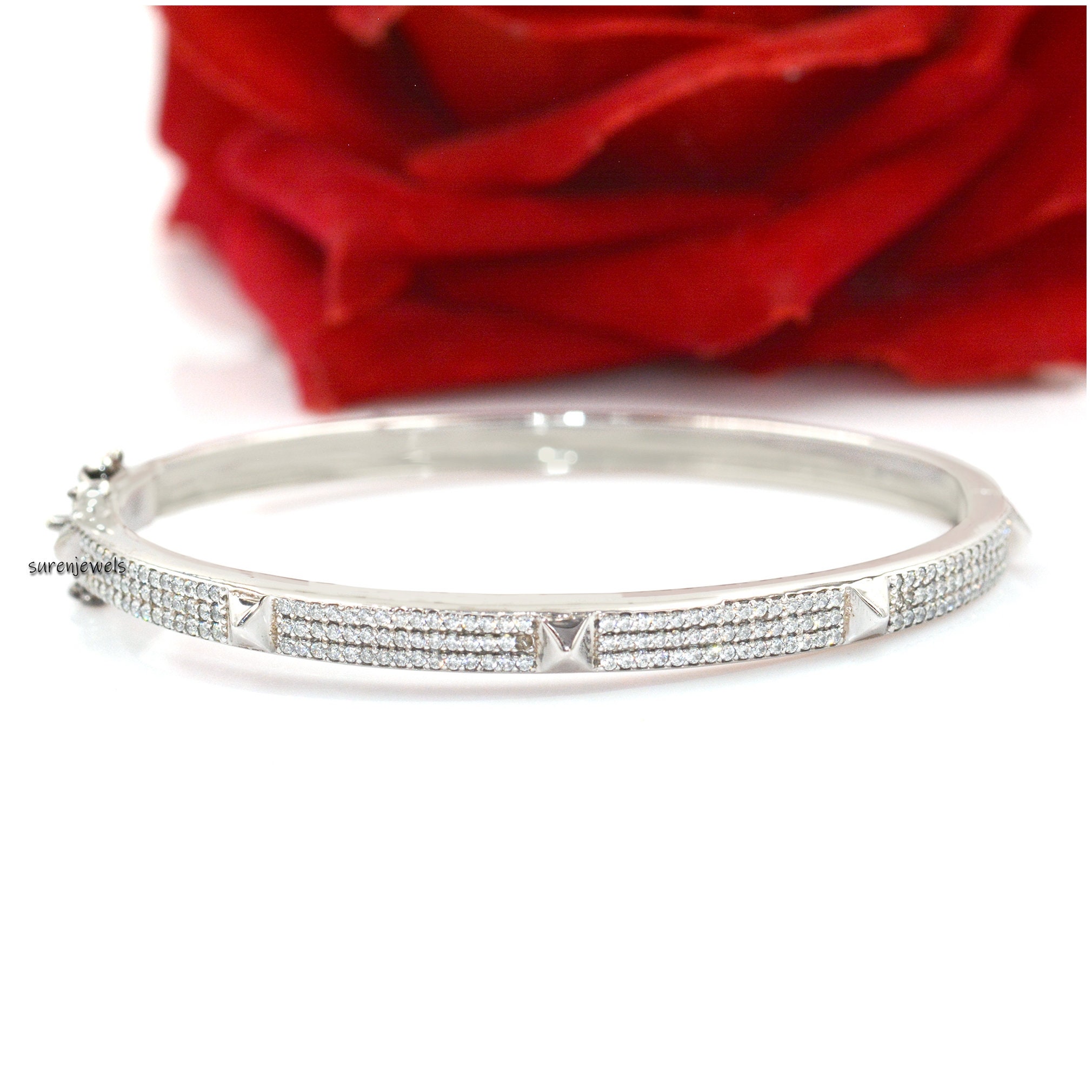 925 Silver Pyramid Spike Bangle: Diamond Accent - View 2 - Suren Jewels | SKU: SJB65-SLYGCZ-6I