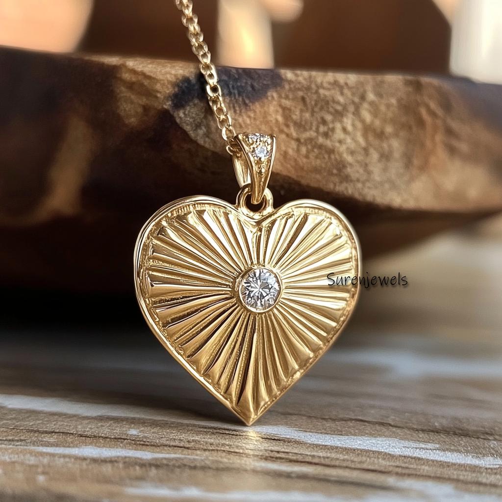 25mm 14K Gold Fluted Heart Pendant: Sunburst Charm - View 5 - Suren Jewels | SKU: SJP4391-9KYGDI-25M,SJP5208-SLYGCZ-25M,SJP55