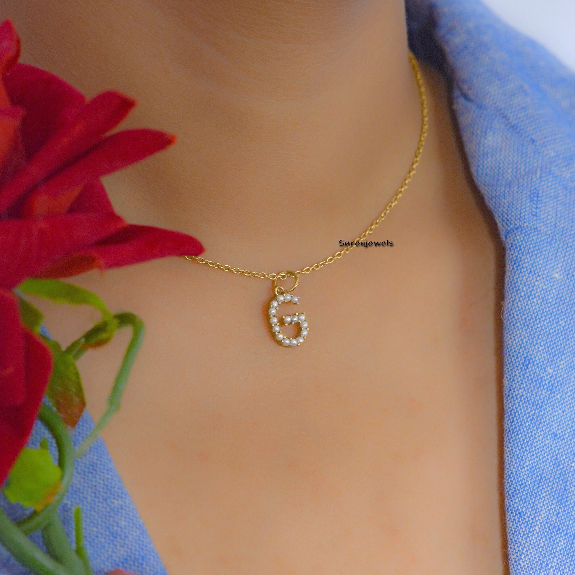 Gemstone Initial Pendant: 925 Silver, Natural Pearl Letter Necklace - View 7 - Suren Jewels | SKU: SJP982-SLYGCZPL