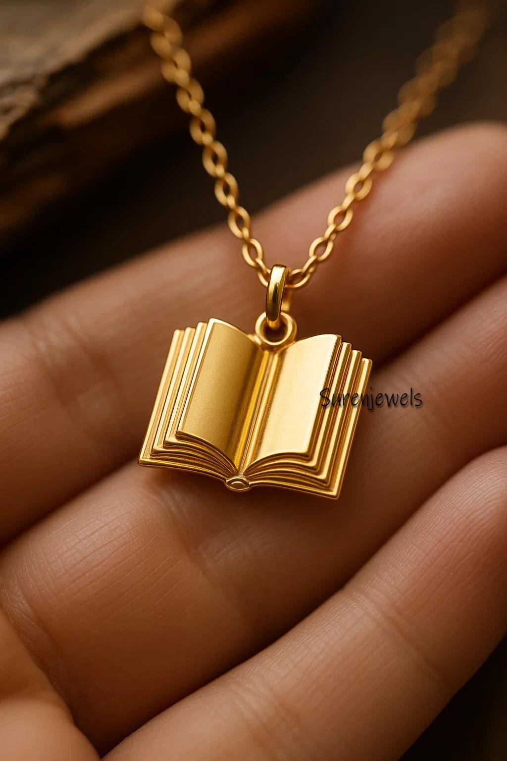 14k Yellow Gold Book Pendant: Minimalist Book Lover Jewelry - View 2 - Suren Jewels | SKU: SJP5028-SLYG-20M