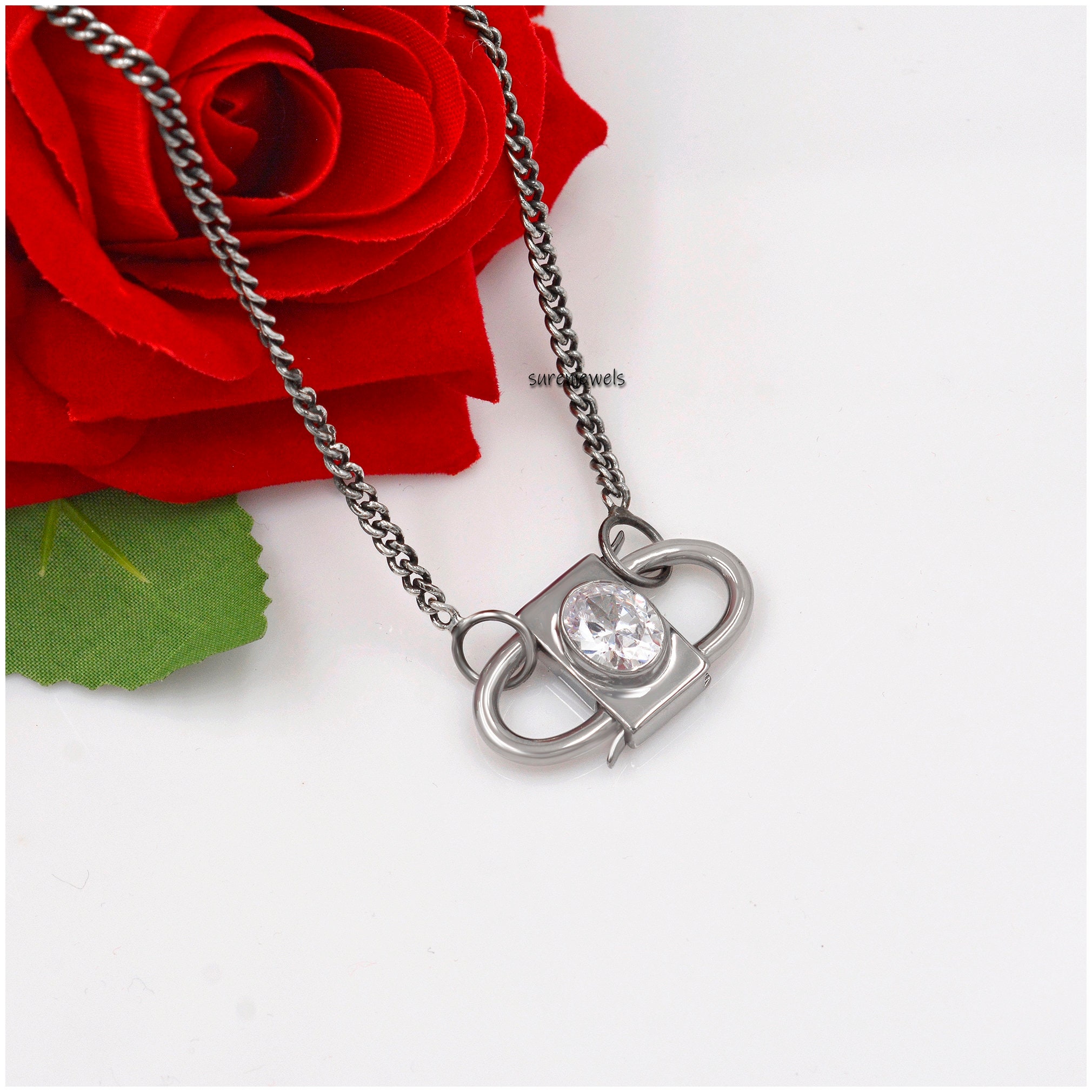 925 Silver Padlock Pendant: White Topaz Gemstone Jewelry - View 2 - Suren Jewels | SKU: SJP32-SLRHWT-N234-18I