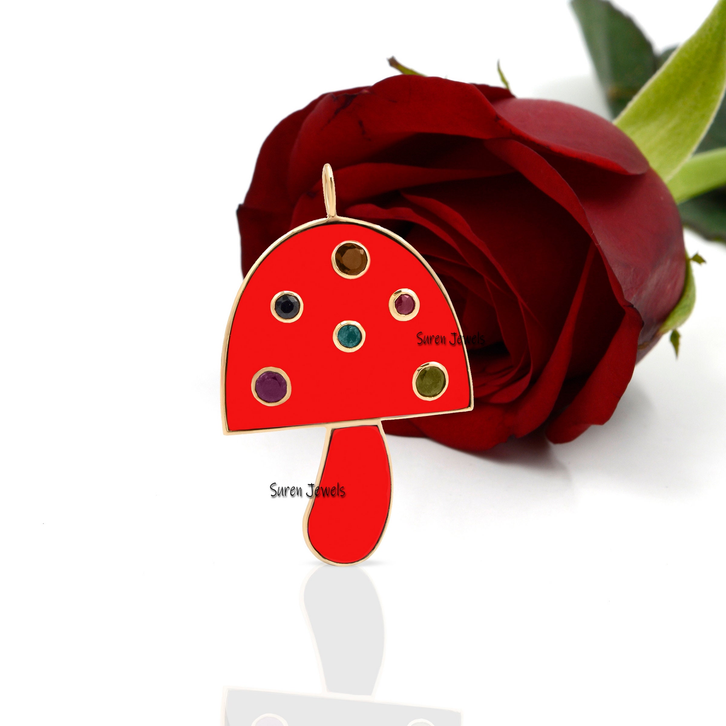14k Gold Enamel Mushroom Pendant: Gemstone Charm (35x20 mm) - View 4 - Suren Jewels | SKU: SJM30