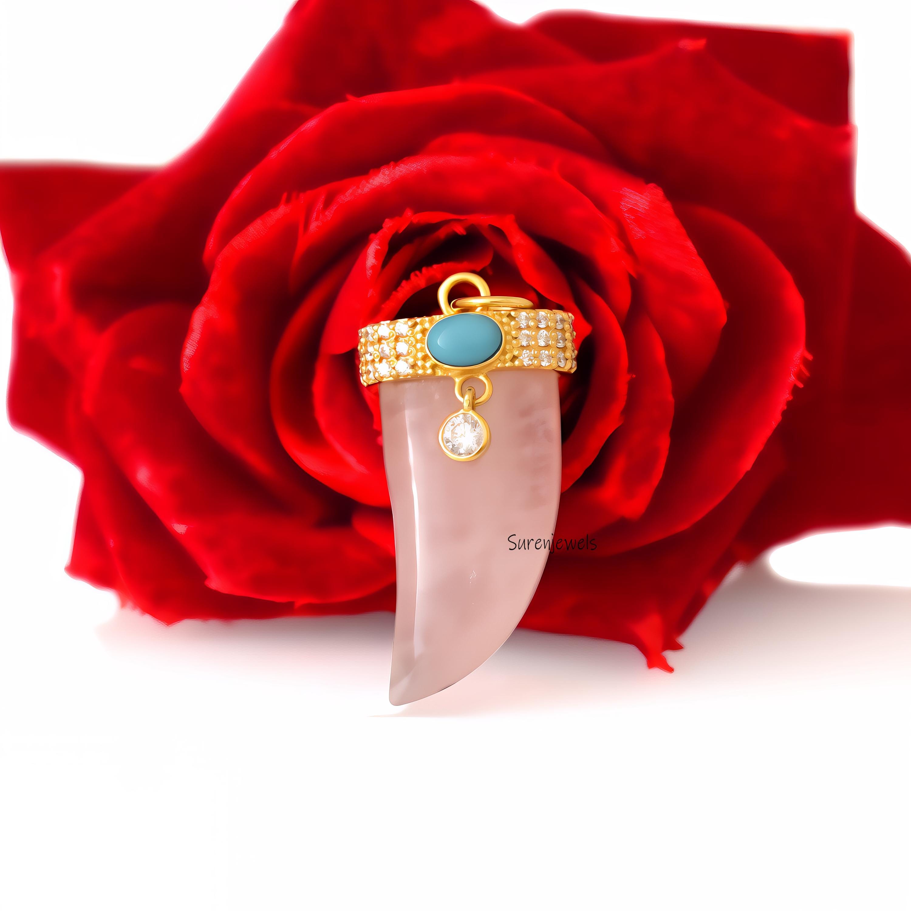 14K Gold Gemstone Horn Pendant: Tibetan Buffalo Horn, Turquoise & CZ - View 3 - Suren Jewels | SKU: SJP4776-SLYGTQCZ-40M