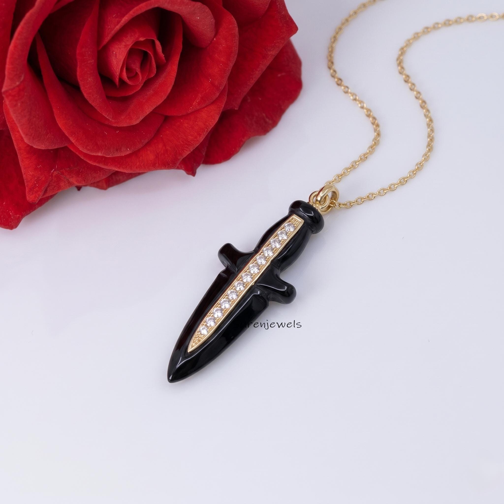 Black Onyx Dagger Pendant, Gold Sword Necklace Charm, Gothic Dagger Jewelry, Minimalist Knife Pendant, Edgy Statement Necklac
