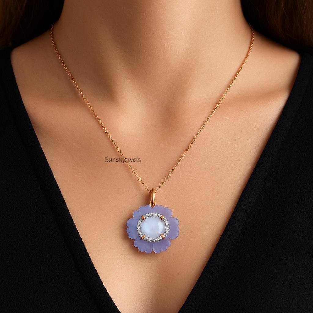 14K Gold Opal Flower Pendant: Carved Gemstone Blossom - View 4 - Suren Jewels | SKU: SJP4827-SLRGPOPEOPWCZ