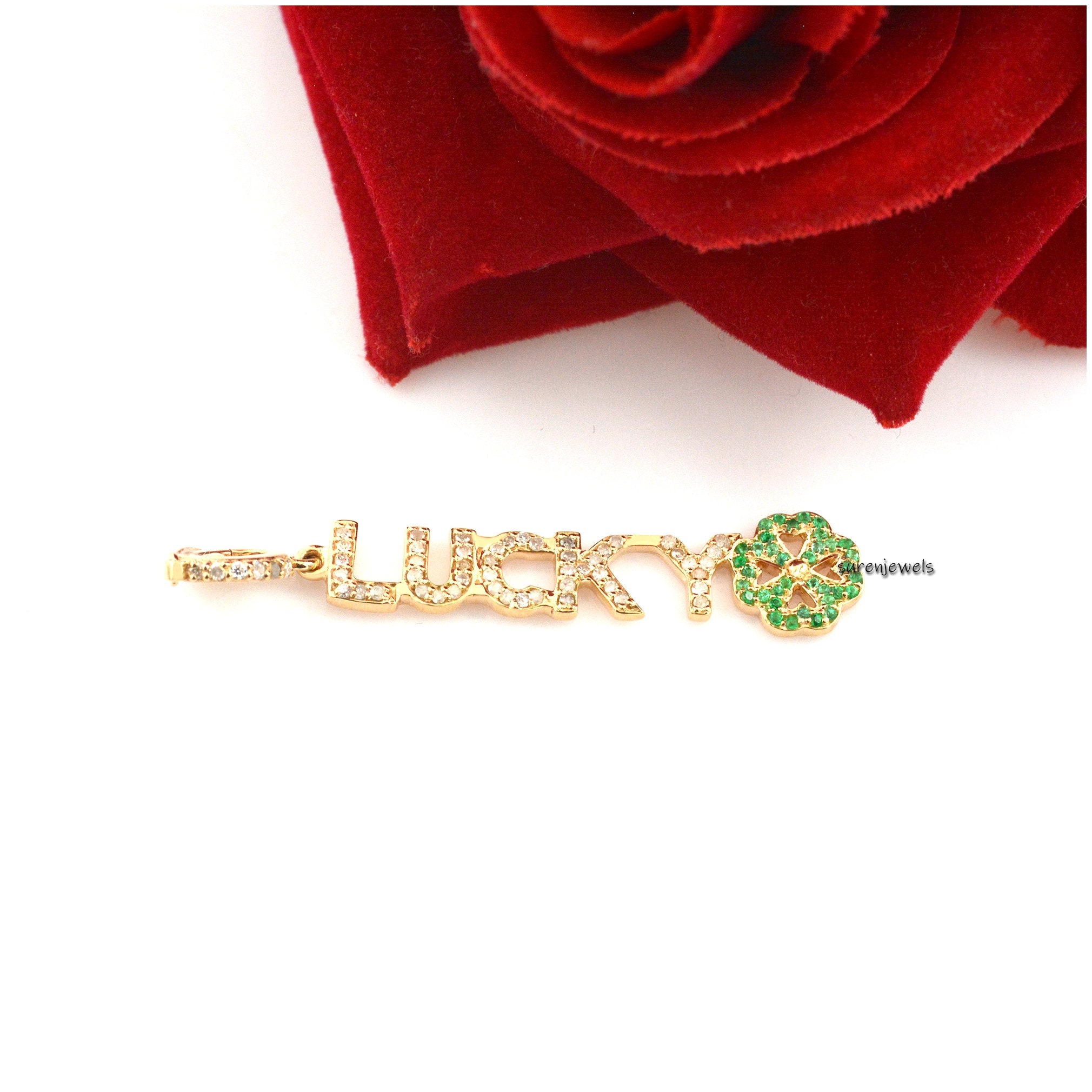 14K Gold Diamond Lucky Pendant: Initial Letter Charm - View 2 - Suren Jewels | SKU: SJP1348-14KYGDIMT