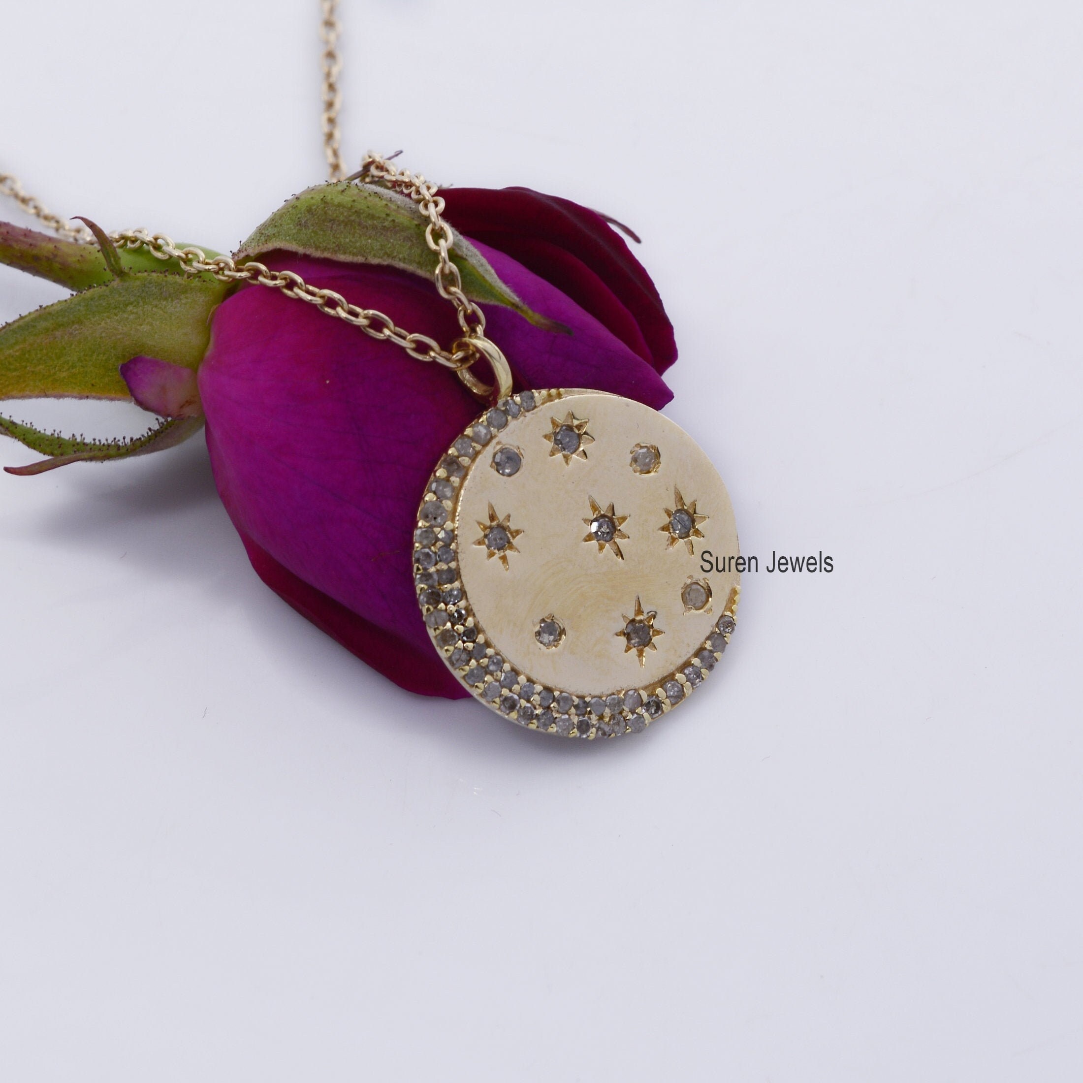 14k Gold Vermeil Diamond Star Moon Disc Pendant - View 3 - Suren Jewels | SKU: SJP696-