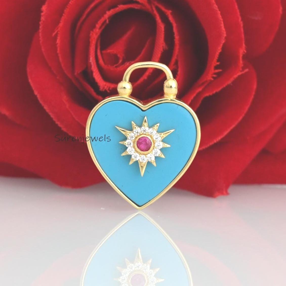 Lapis Heart Gemstone Pendant: Handmade Padlock Design - View 3 - Suren Jewels | SKU: SJP3412-SLYGTQCZRUCZ-30M