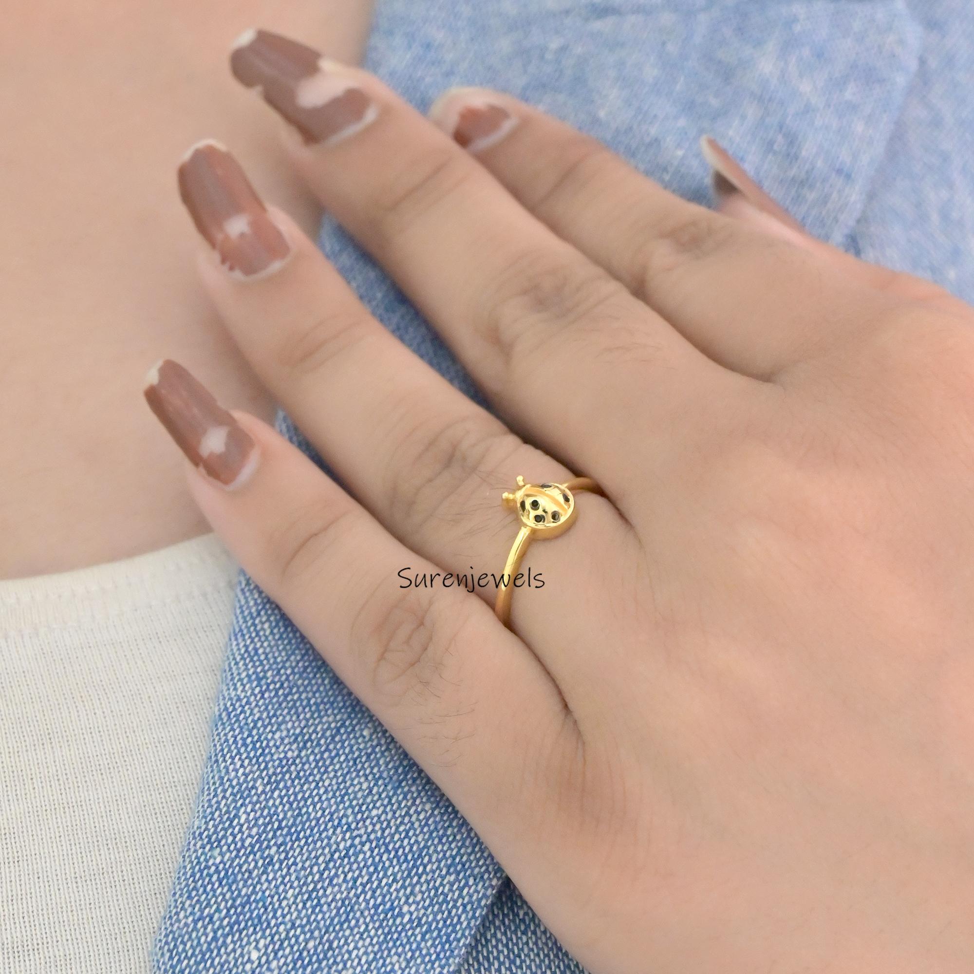 14k Gold Ladybug Ring: Dainty Handmade Animal Jewelry - View 6 - Suren Jewels | SKU: SJR2897-SLYGBKCZ-US-7