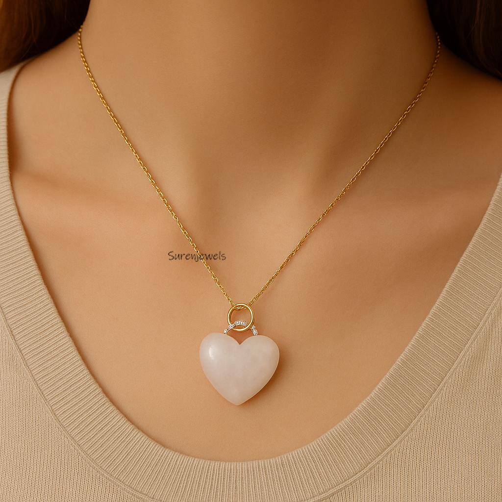 14K Gold Carving Gemstone Heart Padlock Pendant: Rose Quartz, Malachite, Turquoise - Suren Jewels | SKU: SJP5400-SLYGTQCZ-30M