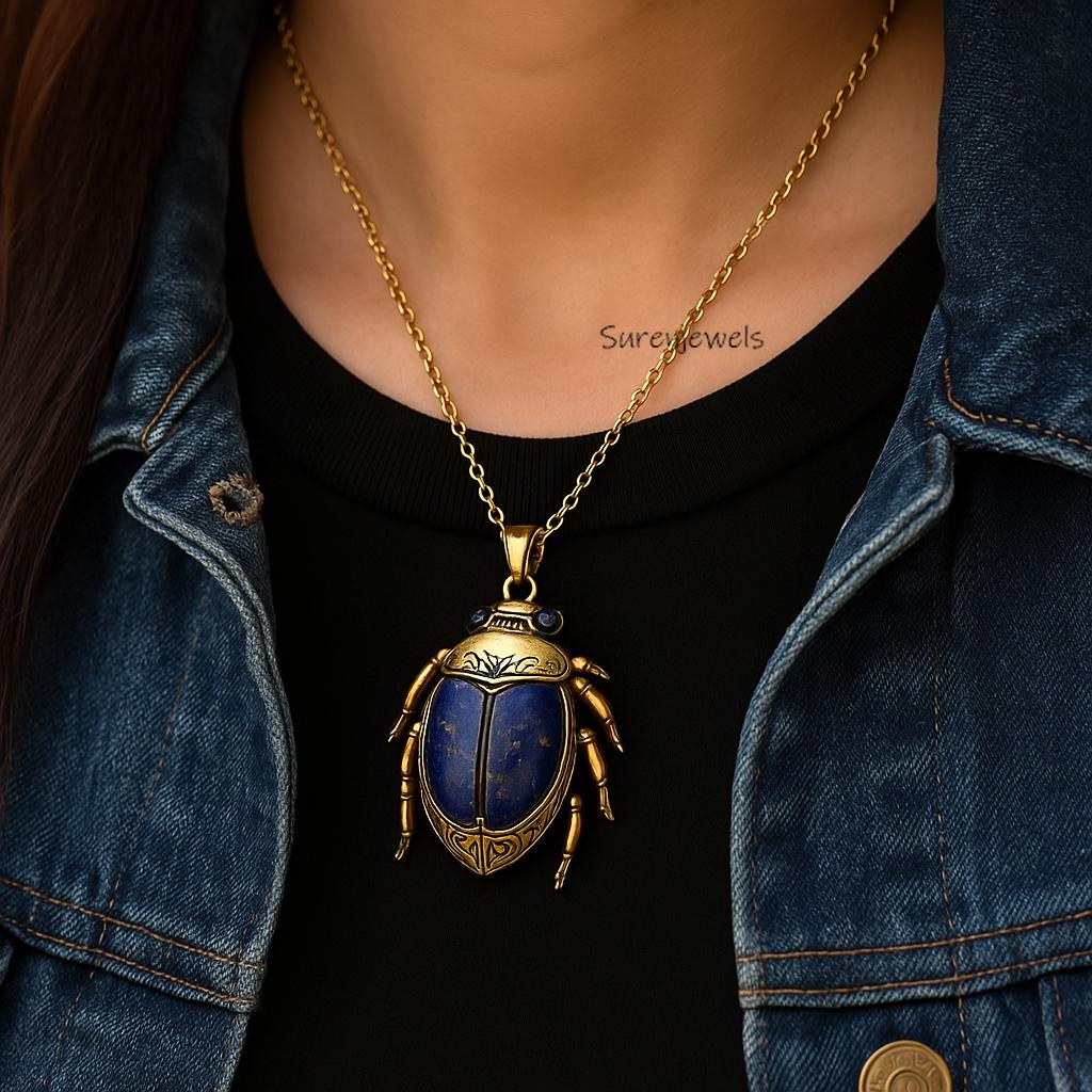 14K Gold Scarab Pendant, Egyptian Beetle Charm, Hand Carved Amulet - Suren Jewels | SKU: SJP5170-SLYGLPZ-30M