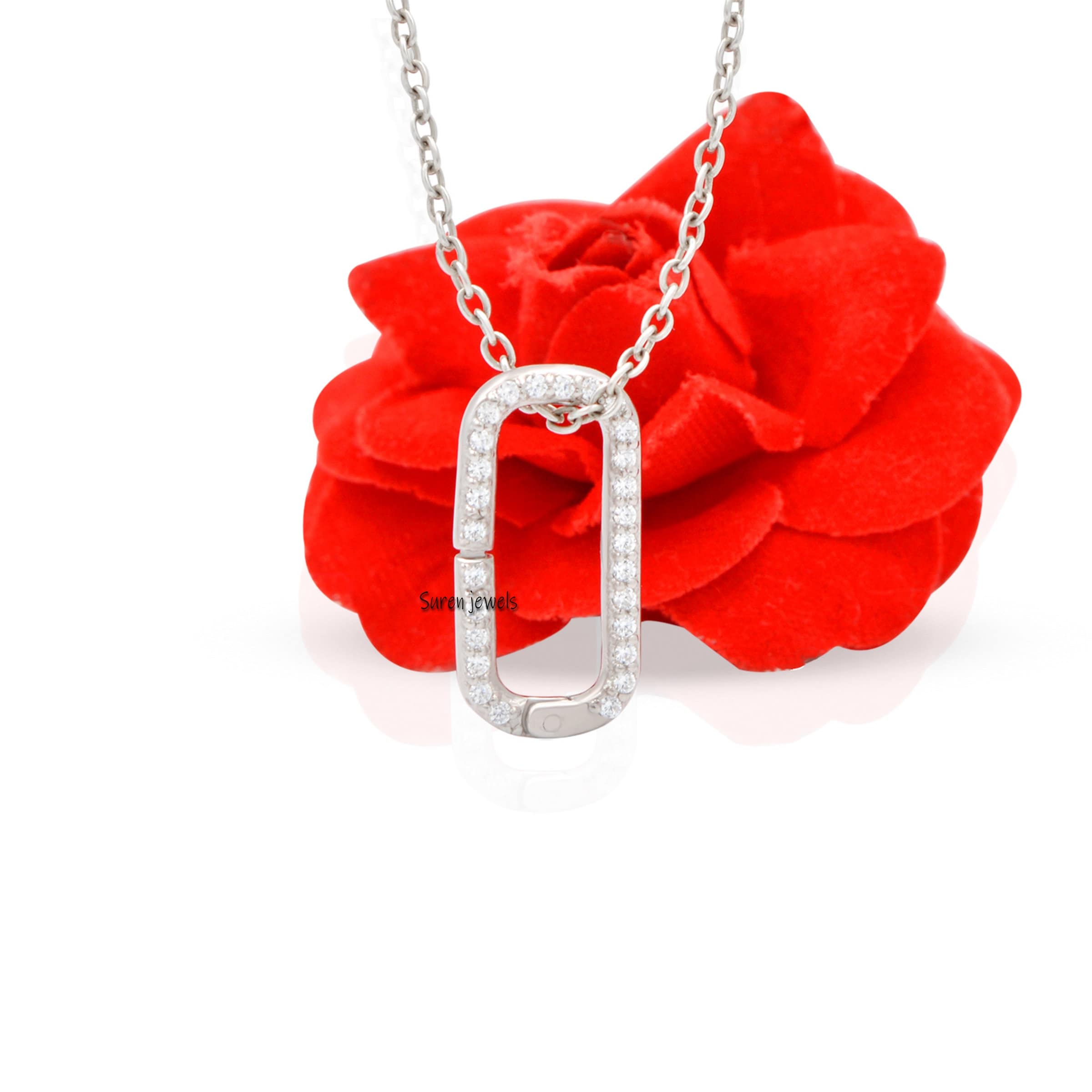 925 Silver Diamond Oval Charm Holder: Enhancer Link Clicker Lock - View 4 - Suren Jewels | SKU: SJP897-SLWGDI