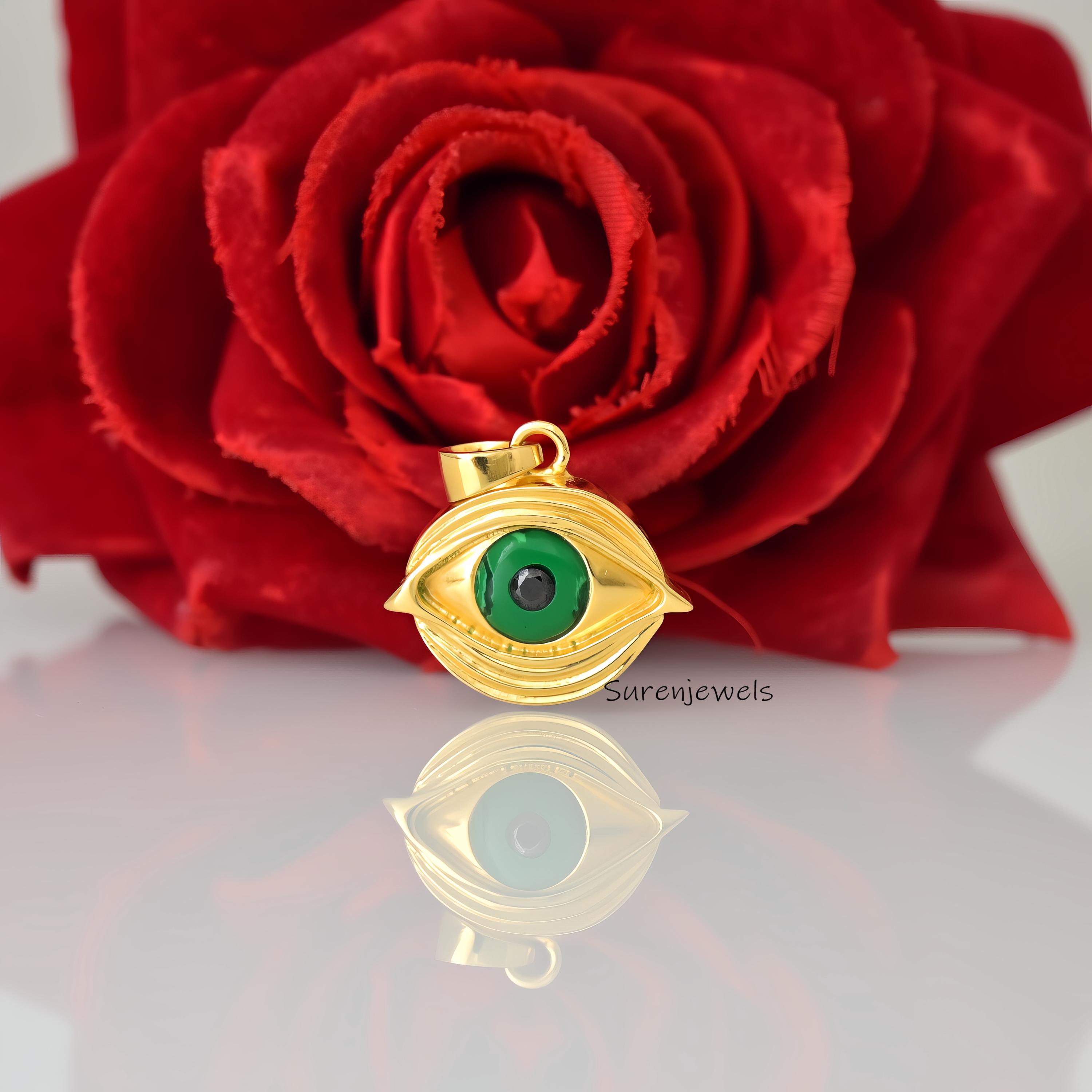 14k Gold Gemstone Evil Eye Pendant: Good Luck Charm - Suren Jewels | SKU: SJP4634-SLYGLPZ-25M