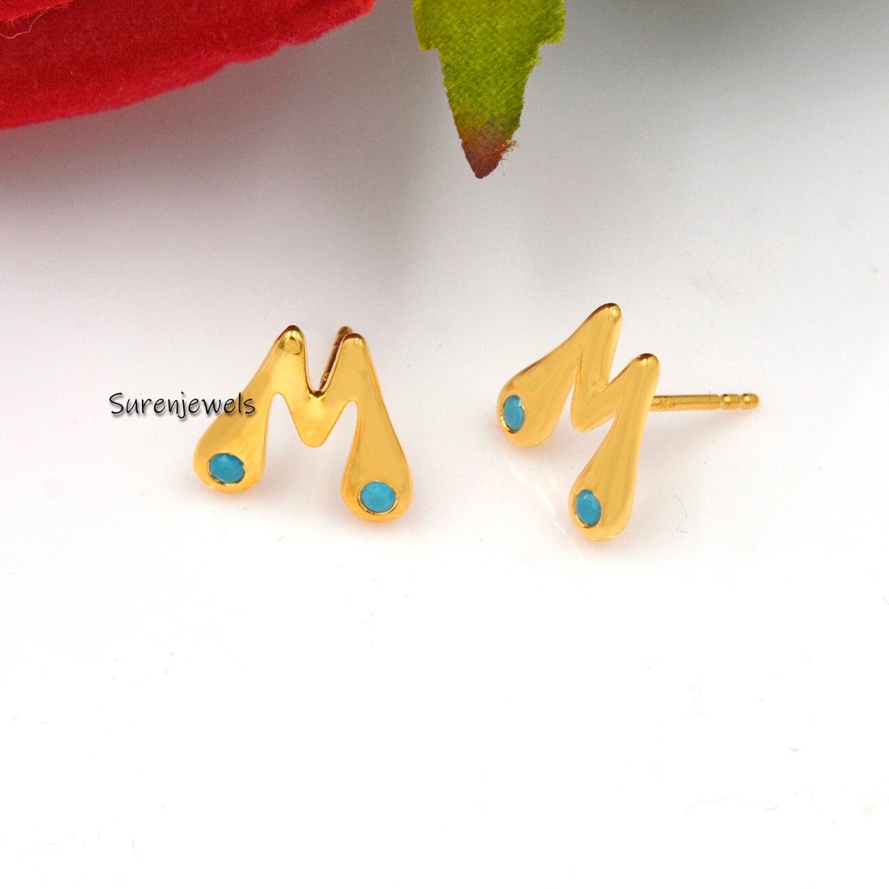 14k Gold Bubble Initial Stud Earrings with White Topaz - View 2 - Suren Jewels | SKU: SJE944-SLYGWT-C