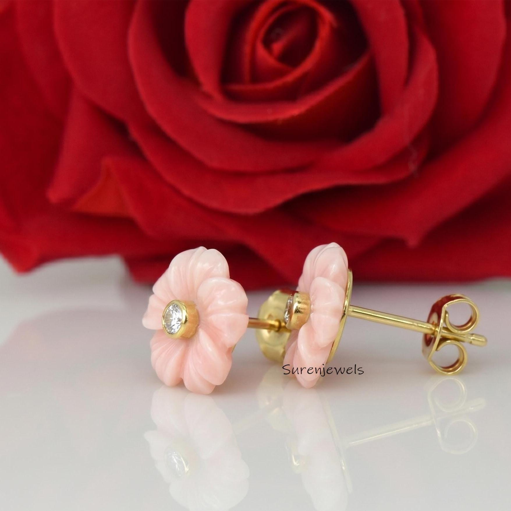 925 Silver Gemstone Flower Studs, Designer Carved Flower Studs Earrings, Turquoise Flower Studs, Handmade Flower Studs, Weddi