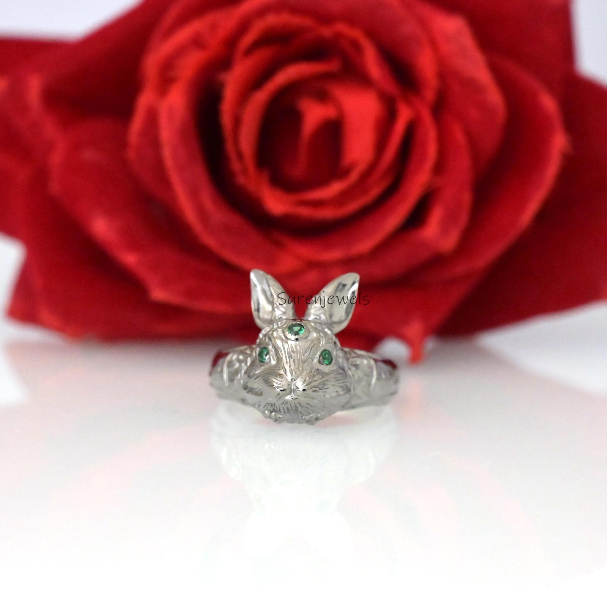 Handmade Silver Rabbit Ring: 14k Gold Accent Animal Jewelry - View 2 - Suren Jewels | SKU: SJR2933-SLNSGCZ-US-7