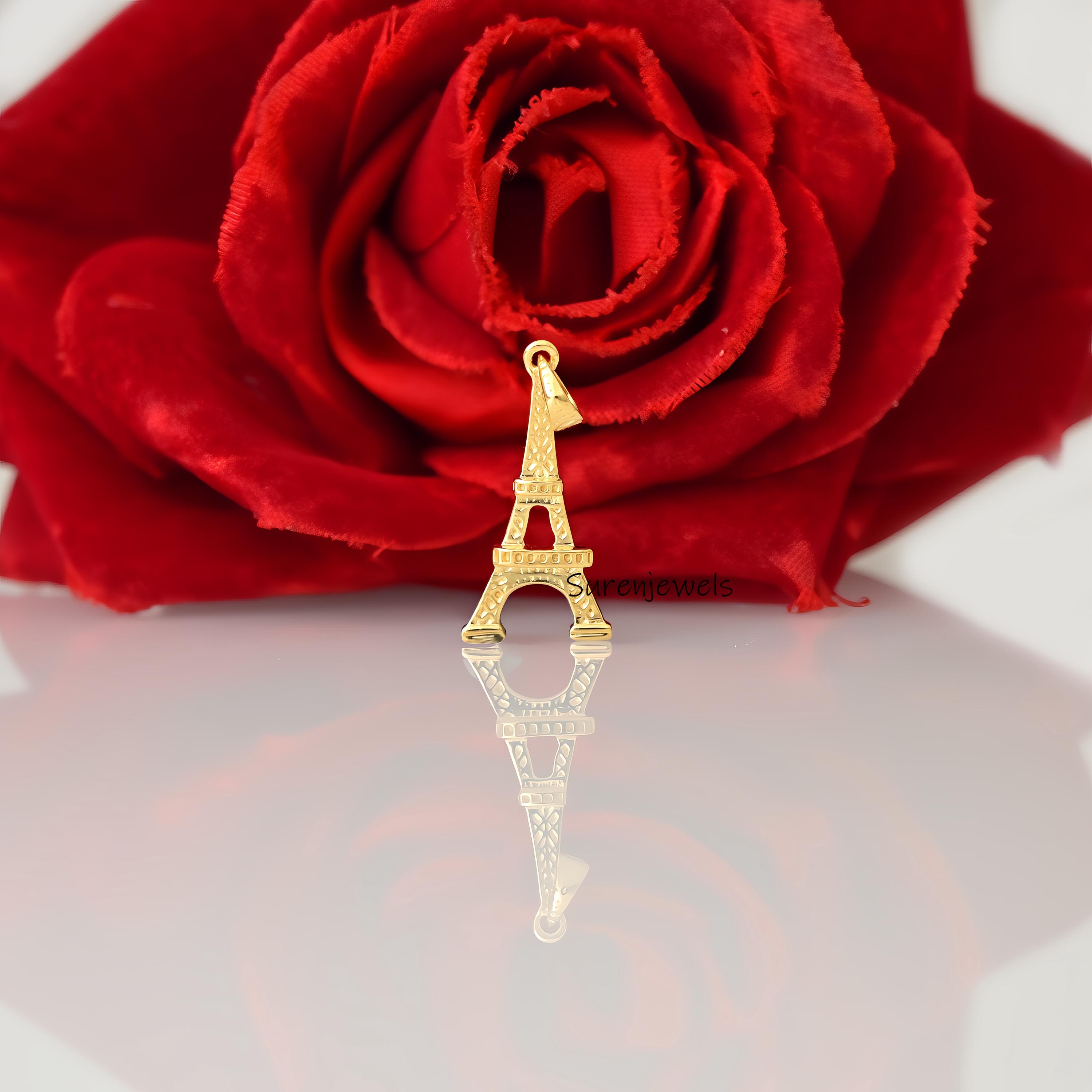 Handmade Sterling Silver Eiffel Tower Pendant, Yellow Gold Plated Symbol Of France - View 3 - Suren Jewels | SKU: etsy_handma