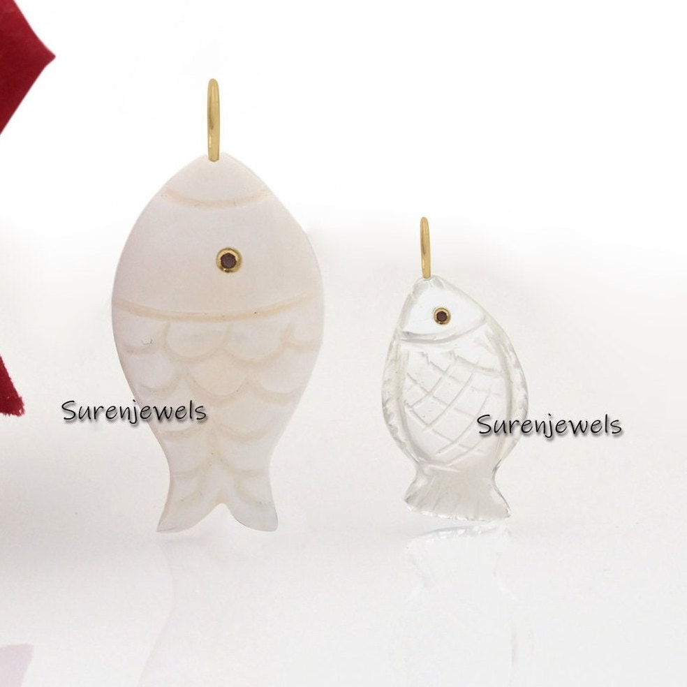 14k Gold Carved Gemstone Fish Pendant: Lucky Charm with Pink CZ Eyes - View 4 - Suren Jewels | SKU: SJP3411-SLYGBORUCZ-35M,SJ