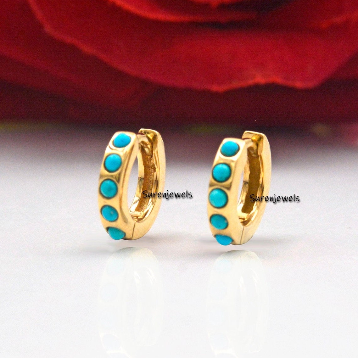 14k Solid Gold Turquoise Huggie Earrings - 10mm - Suren Jewels | SKU: SJE933-SLNSTQ-10M