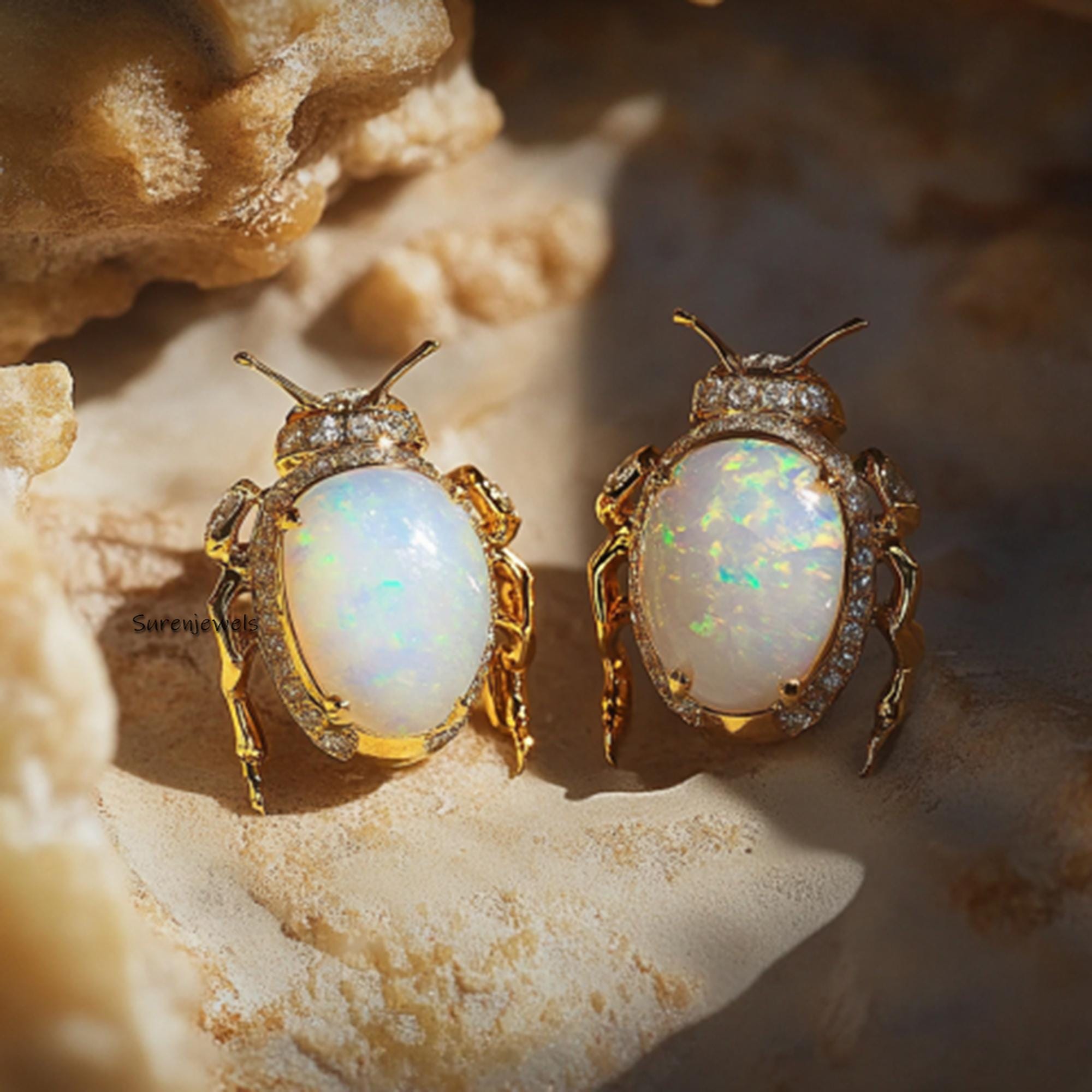 14k Gold Hand Carved Egyptian Beetle Earrings - View 5 - Suren Jewels | SKU: SJE,SJE2545-SLYGMKCZBKCZ-15M