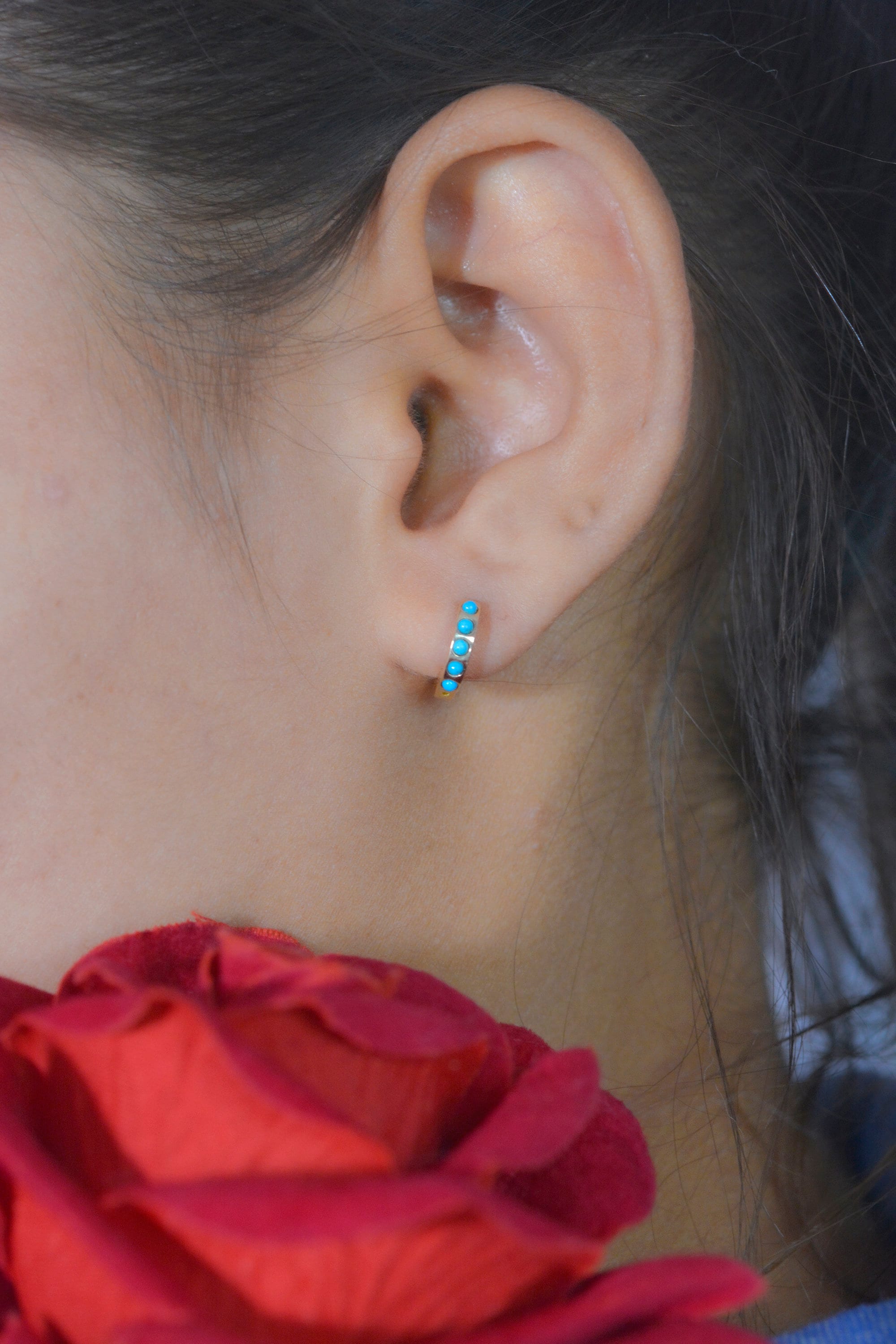 14k Solid Gold Turquoise Huggie Earrings - 10mm - View 3 - Suren Jewels | SKU: SJE933-SLNSTQ-10M