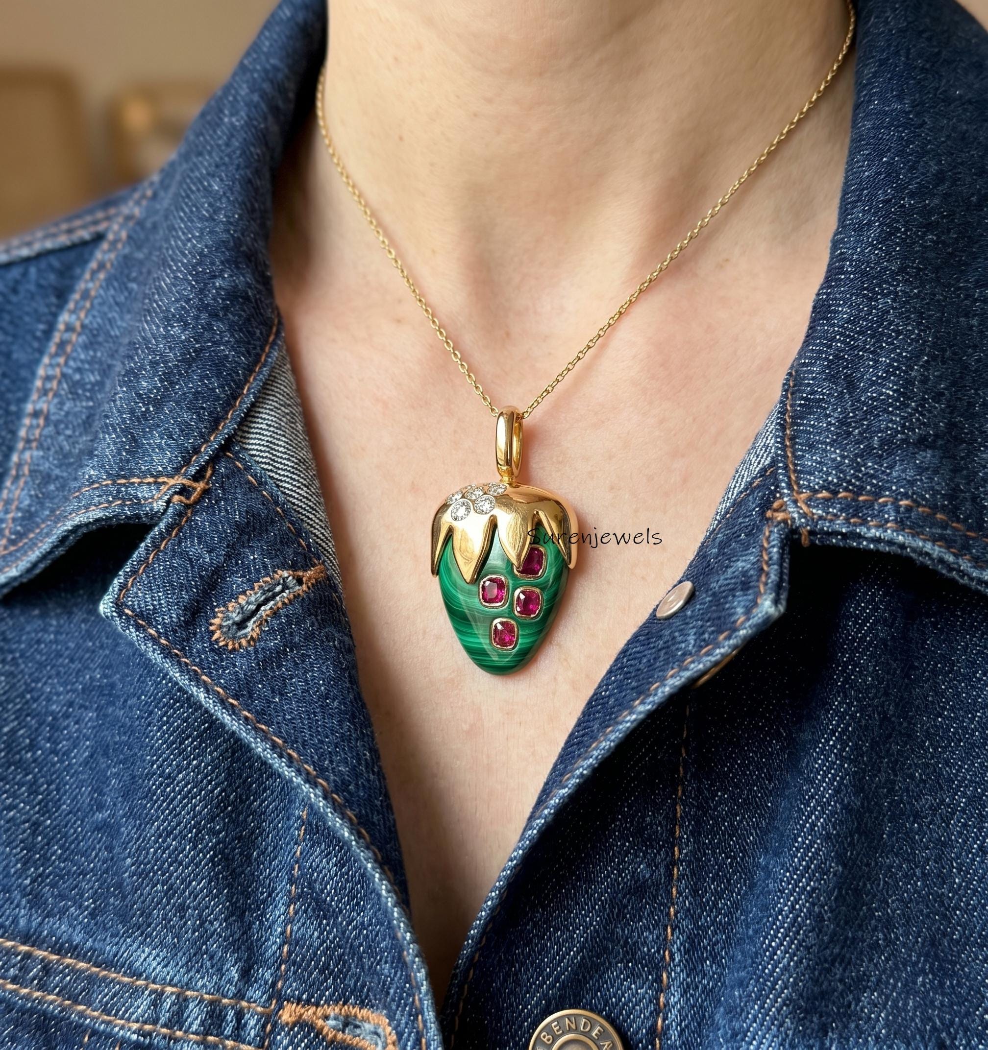 14k Gold Strawberry Pendant, Gemstone Gold Strawberry Pendant, Designer Carved Strawberry Charm, Gold Carving Strawberry Char