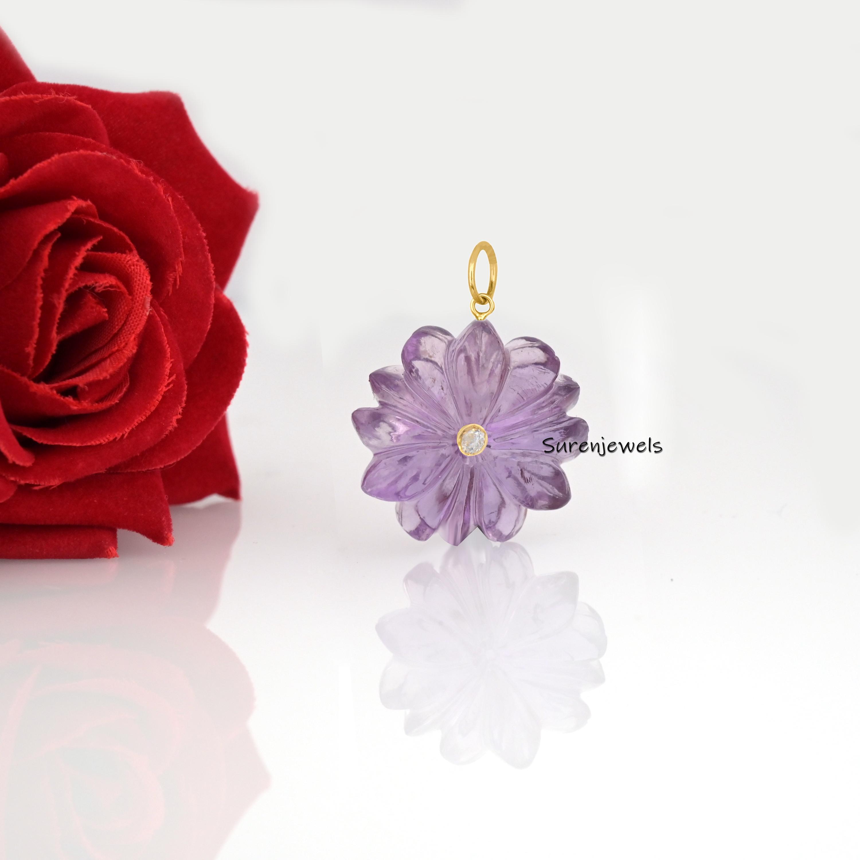 14K Gold Gemstone Flower Charm: Hand Carved Coral or Lapis Pendant - View 3 - Suren Jewels | SKU: SJP3863-SLYGBCHCZ-25M