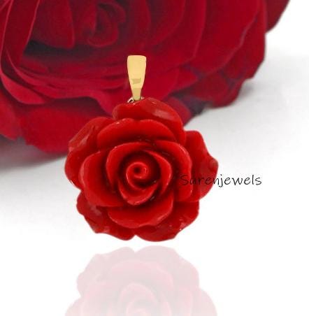 14K Gold Coral Rose Pendant: Handmade Gemstone Flower Charm - View 2 - Suren Jewels | SKU: SJP5259-SLYGRCR-30M