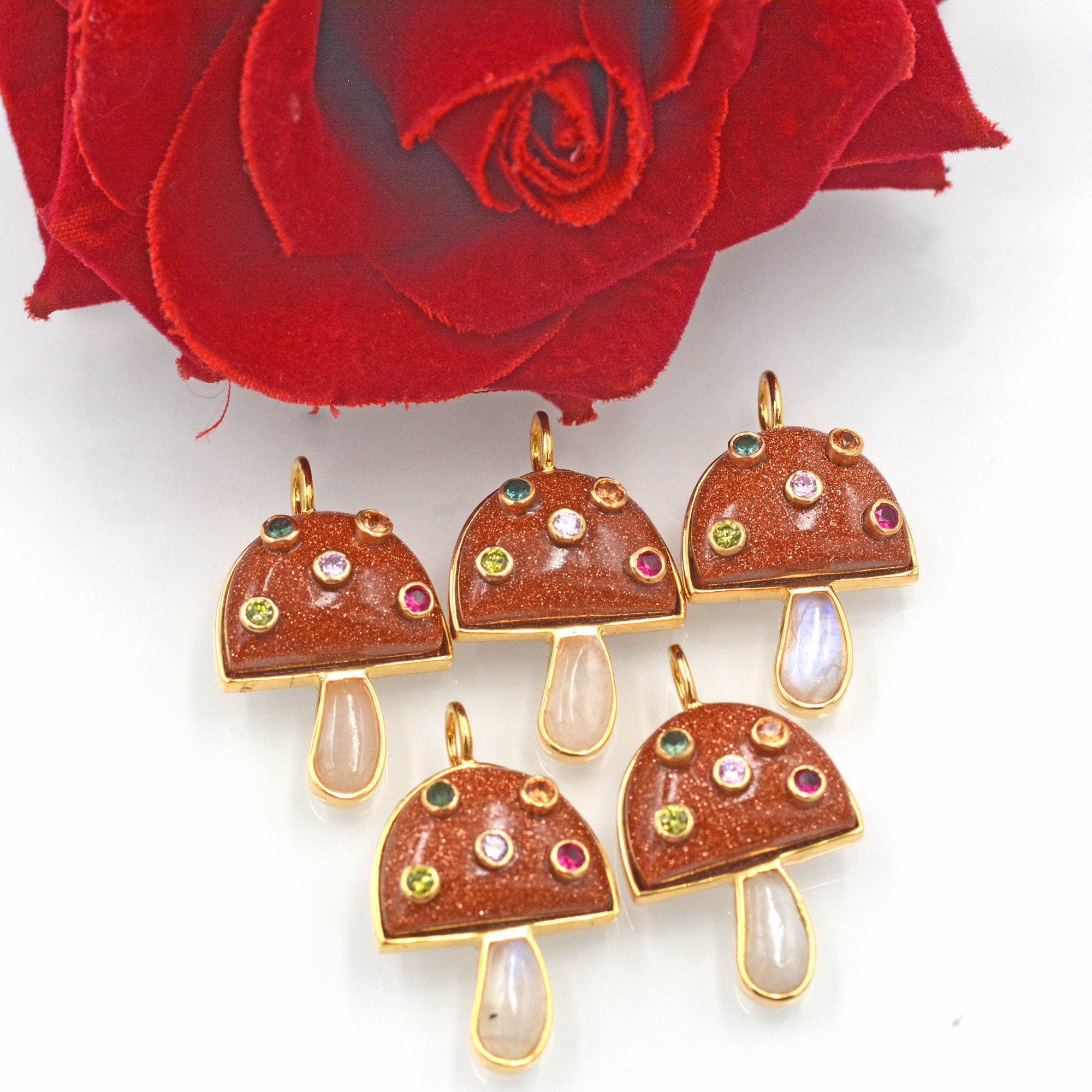 14k Solid Gold Mushroom Pendant: Gemstone Inlay, Unique Design - View 7 - Suren Jewels | SKU: SJP980