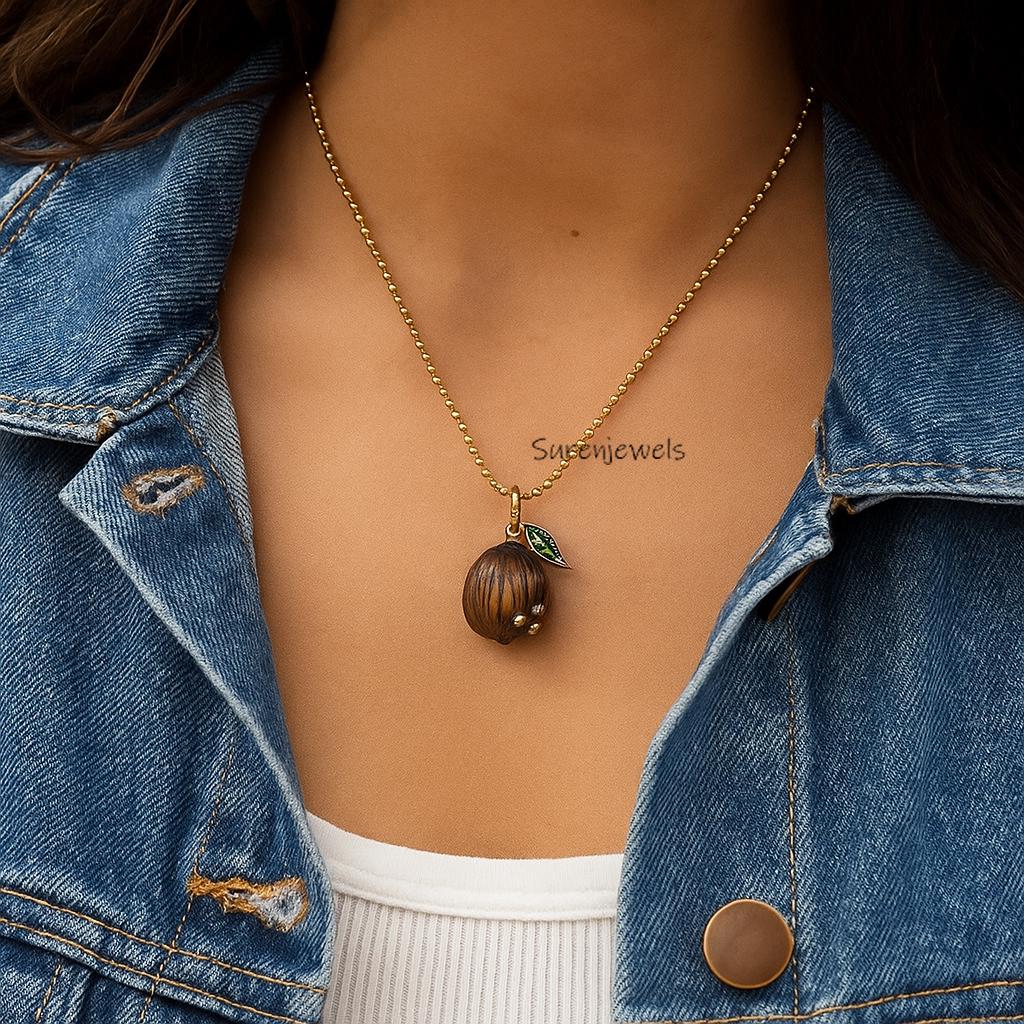14k Gold Gemstone Carved Coquito Pendant: 14k Teardrop Acorn - View 2 - Suren Jewels | SKU: etsy_14k-gold-gemstone-carved-coq