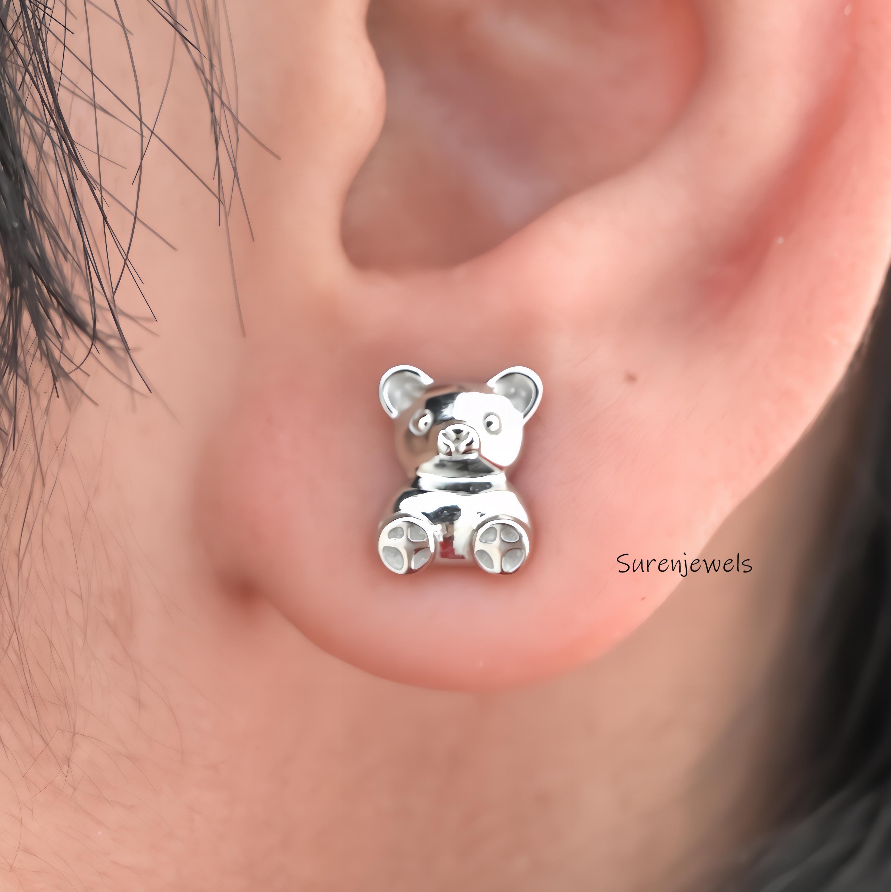 14K Gold Teddy Bear Stud Earrings: Tiny Flat Design - View 2 - Suren Jewels | SKU: SJE1715-SLYG-10M