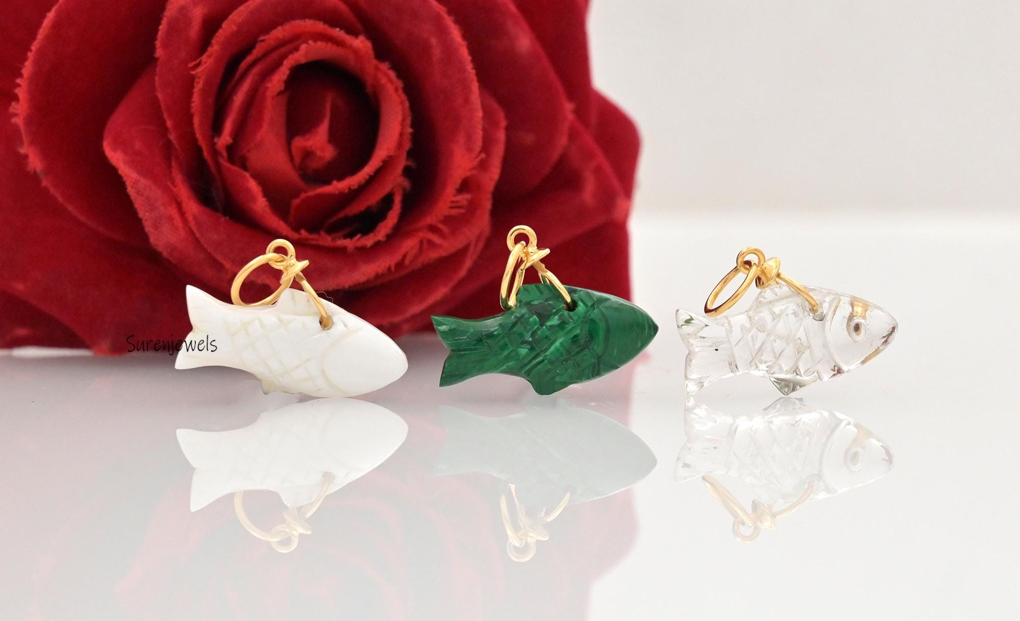 14K Gold Carved Gemstone Fish Pendant: Lucky Charm - View 3 - Suren Jewels | SKU: SJP4590