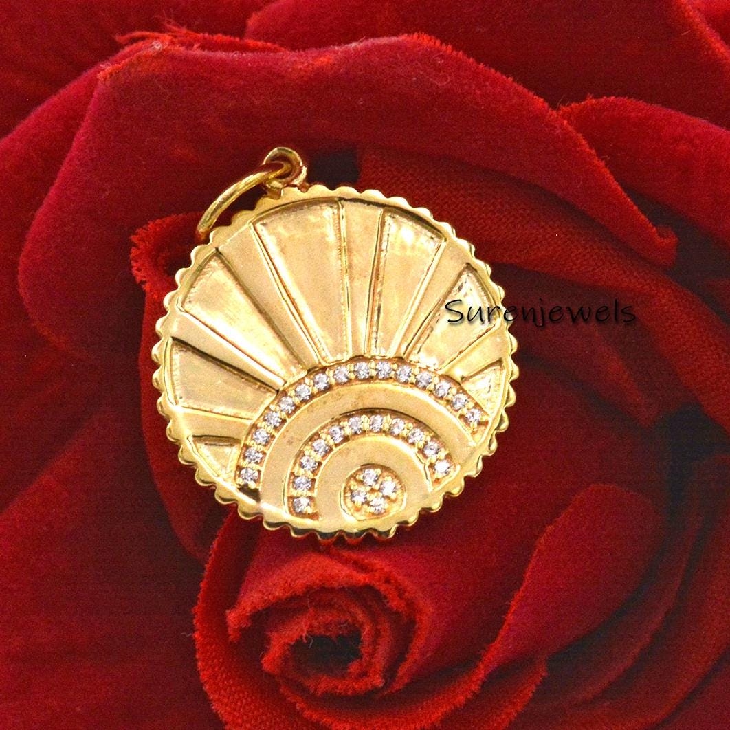 14K Gold Diamond Sunrise Pendant: Fluted Medallion Charm