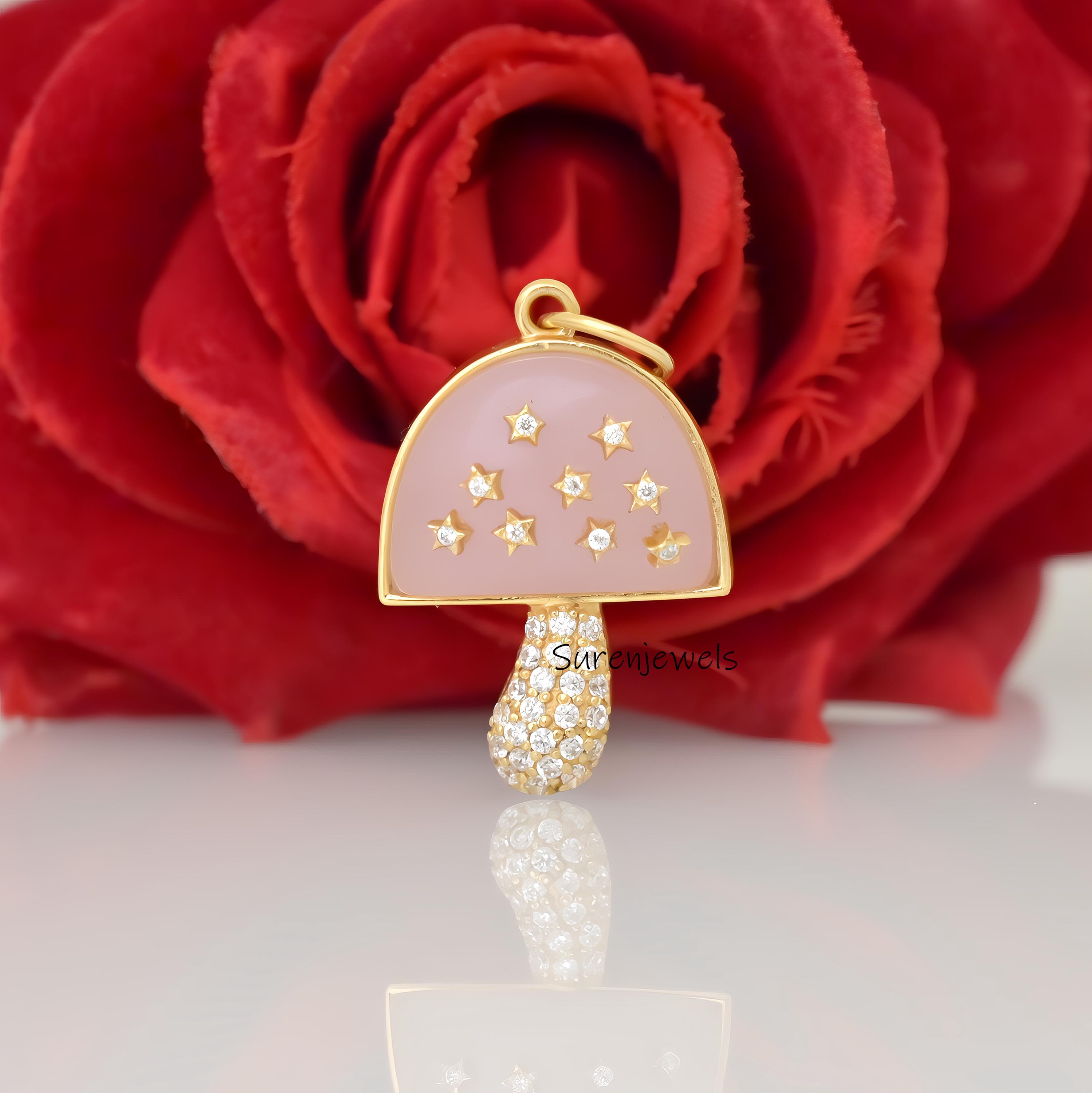 14k Solid Gold Mushroom Pendant: Pave Gemstone Magic Jewelry - View 3 - Suren Jewels | SKU: MJM68-