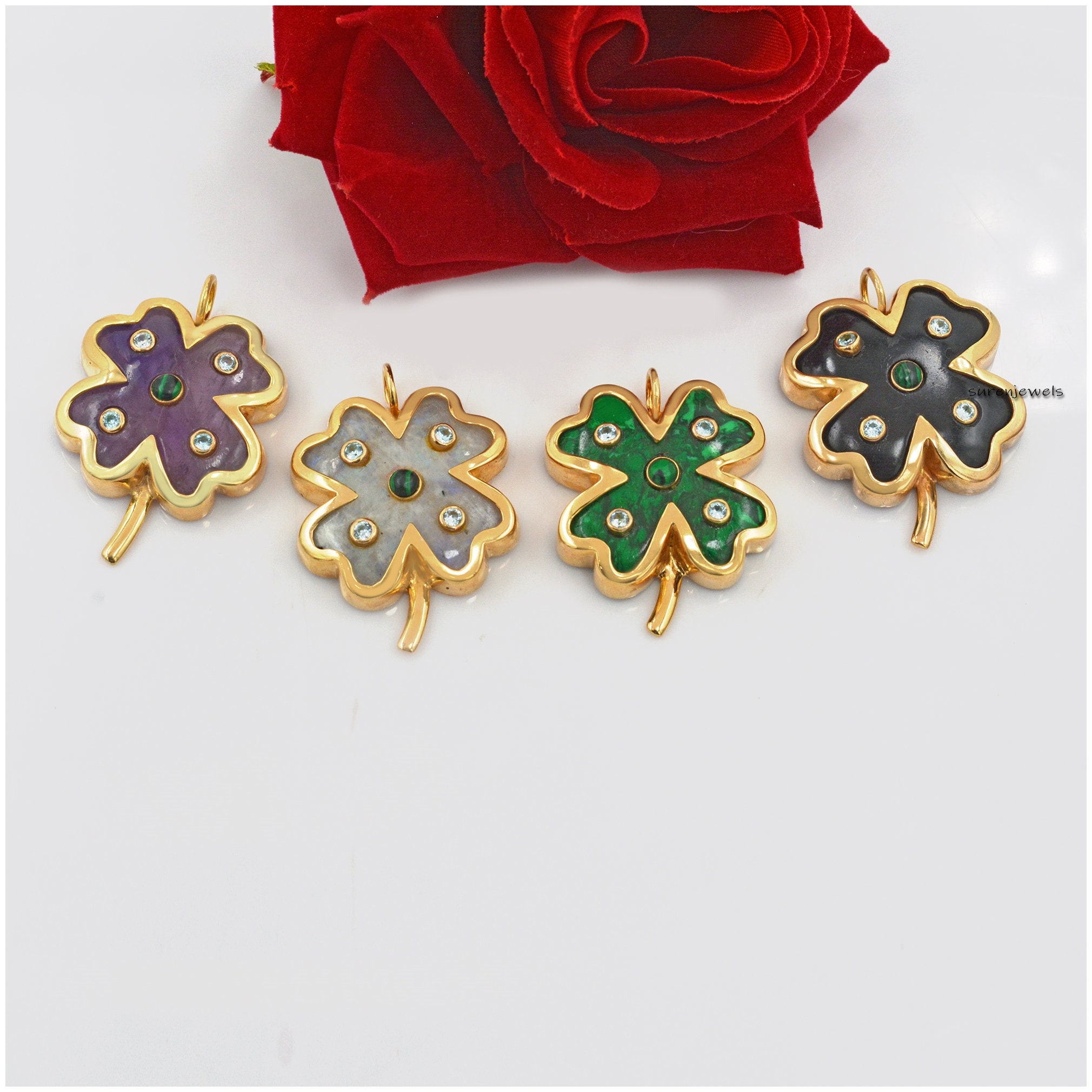 14K Gold Gemstone Clover Pendant: Gemstone Four Leaf Clover - View 6 - Suren Jewels | SKU: SJP1173-SLYGTQBTMK