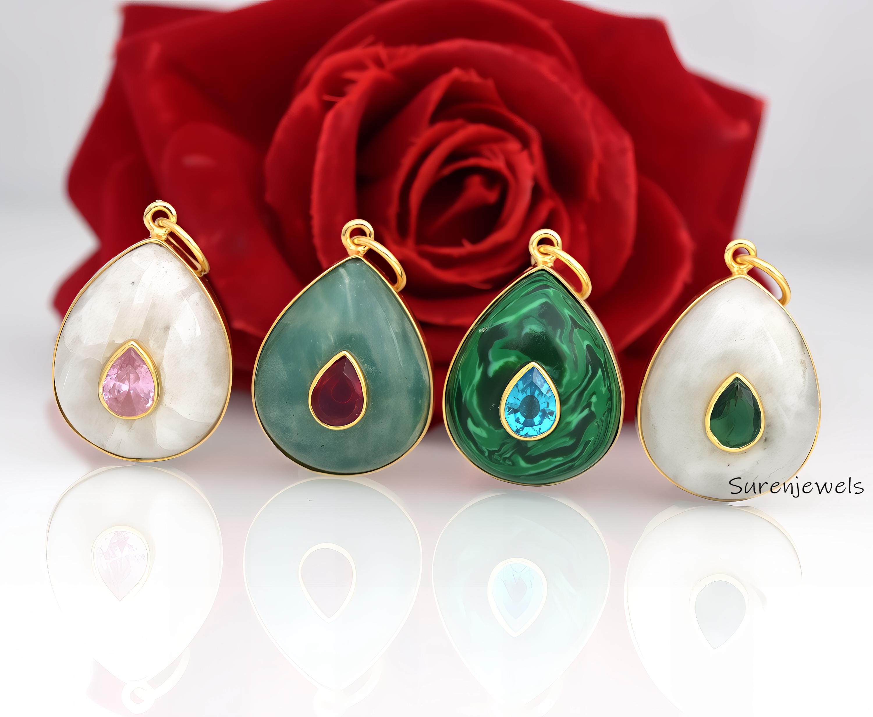 14K Gold Malachite Teardrop Pendant: Designer Gemstone Drop - Suren Jewels | SKU: SJP1574-SLYGAMCZ