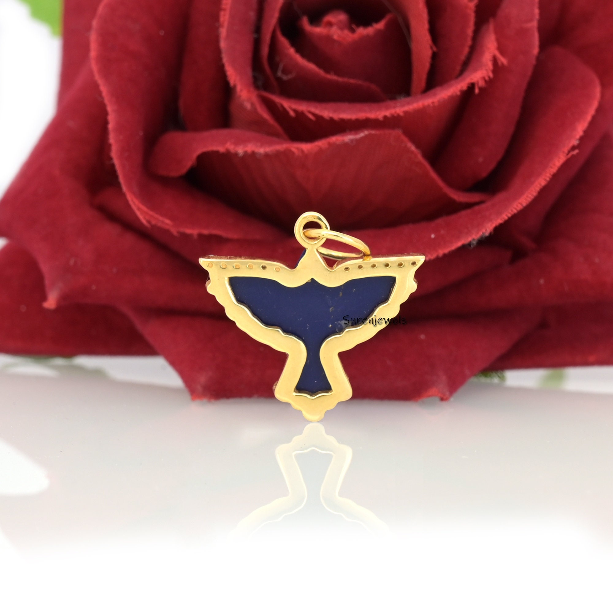 14K Gold Carved Gemstone Bird Pendant: Flying Swallow Charm - View 4 - Suren Jewels | SKU: SJP1711