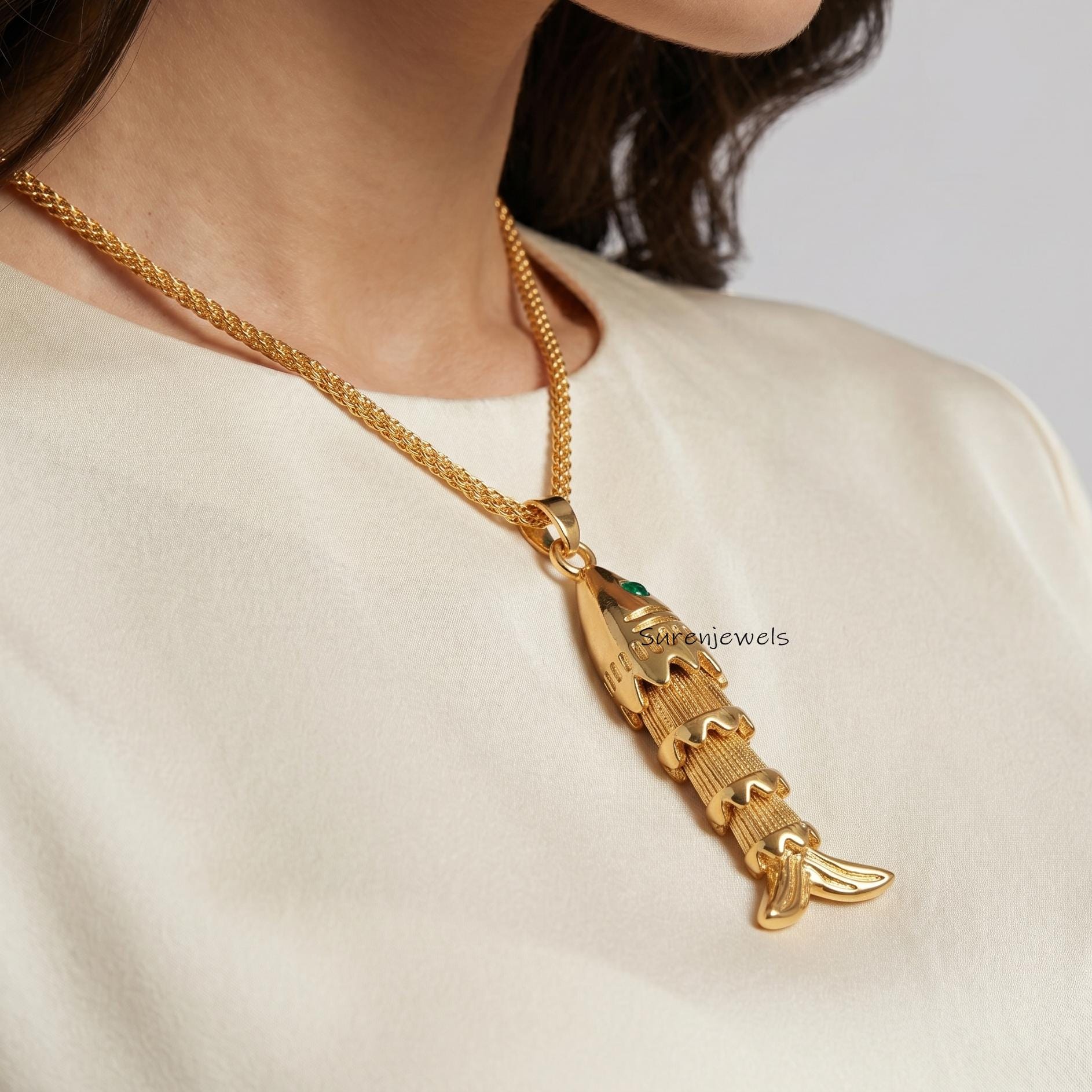 14k Gold Moveable Fish Pendant: Multi Stone Fish Pendant - View 3 - Suren Jewels | SKU: SJP6187-SLYGRUCZ-30M