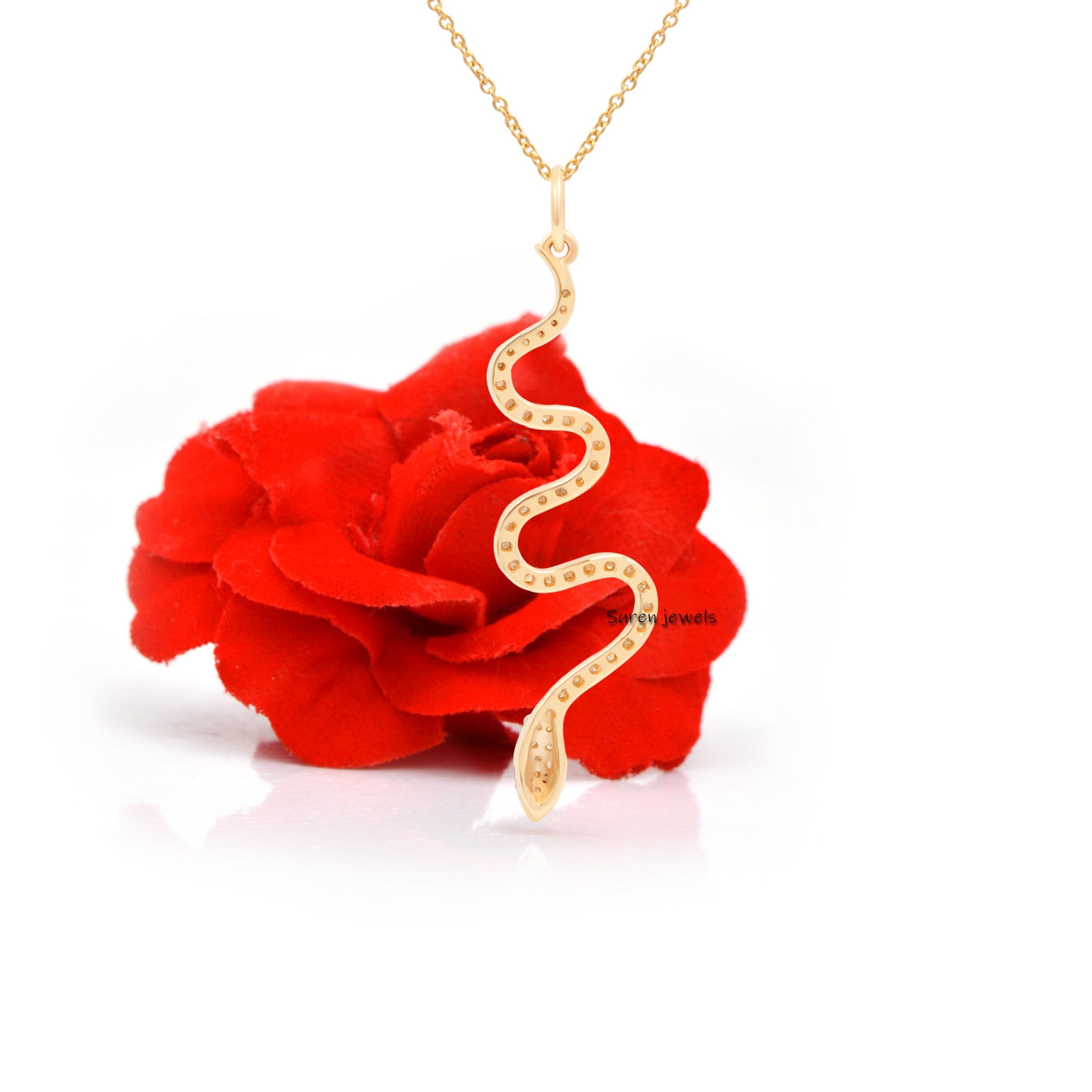 14k Yellow Gold Diamond & Ruby Snake Pendant - View 2 - Suren Jewels | SKU: SJP64-14KYGDIRU