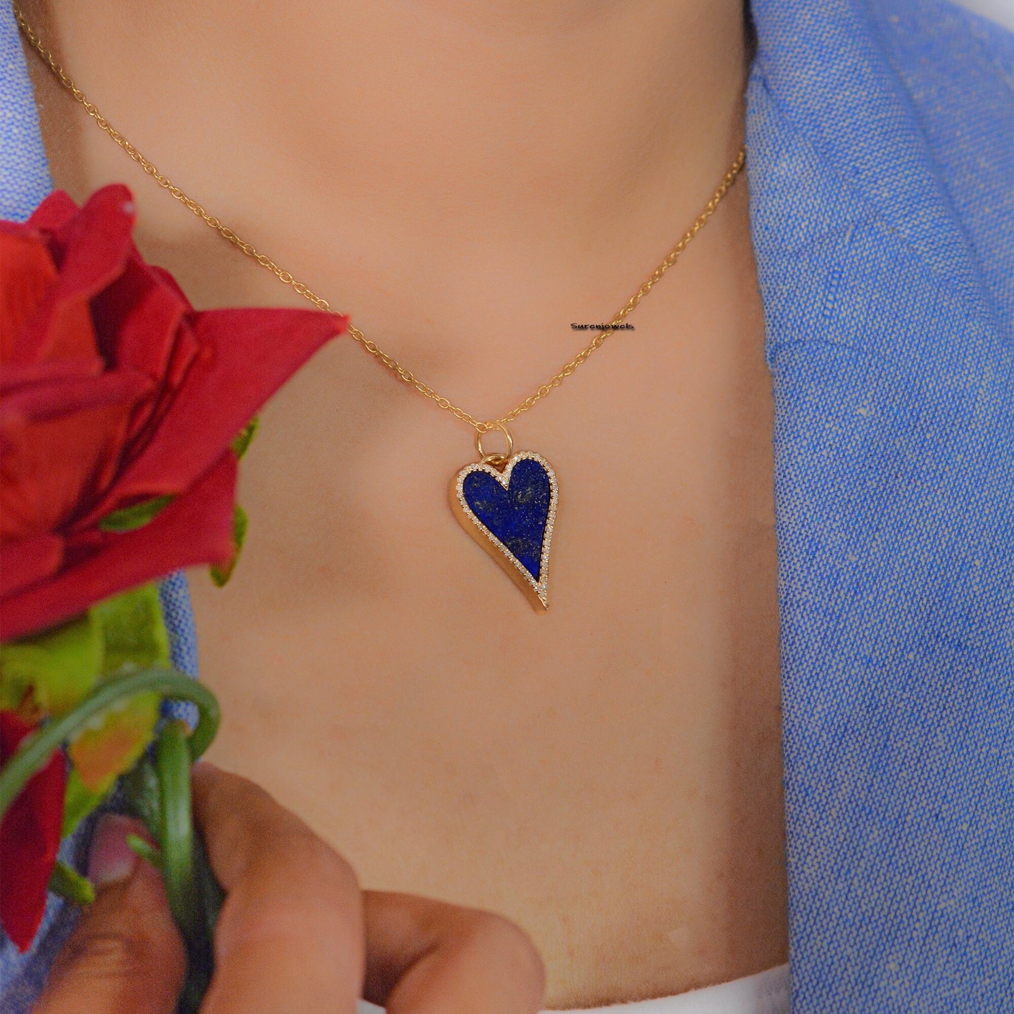 14k Gold Gemstone Heart Pendant: Lapis Lazuli, Turquoise, or Diamond - View 2 - Suren Jewels | SKU: SJP1061-9KYGDILPZ