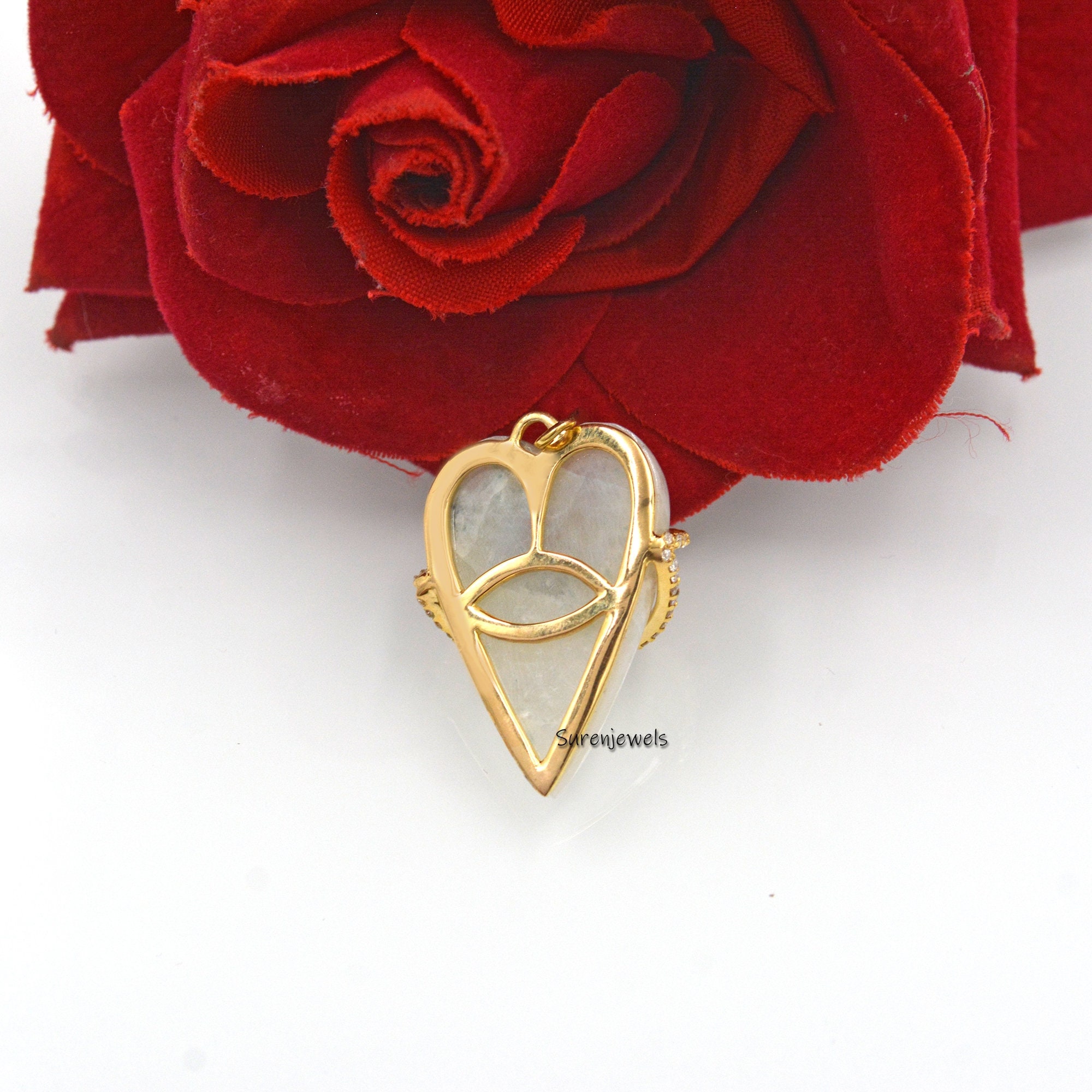 14k Gold Gemstone Evil Eye Heart pendant - View 7 - Suren Jewels | SKU: SJP1559-SLYGMSMNBCZ