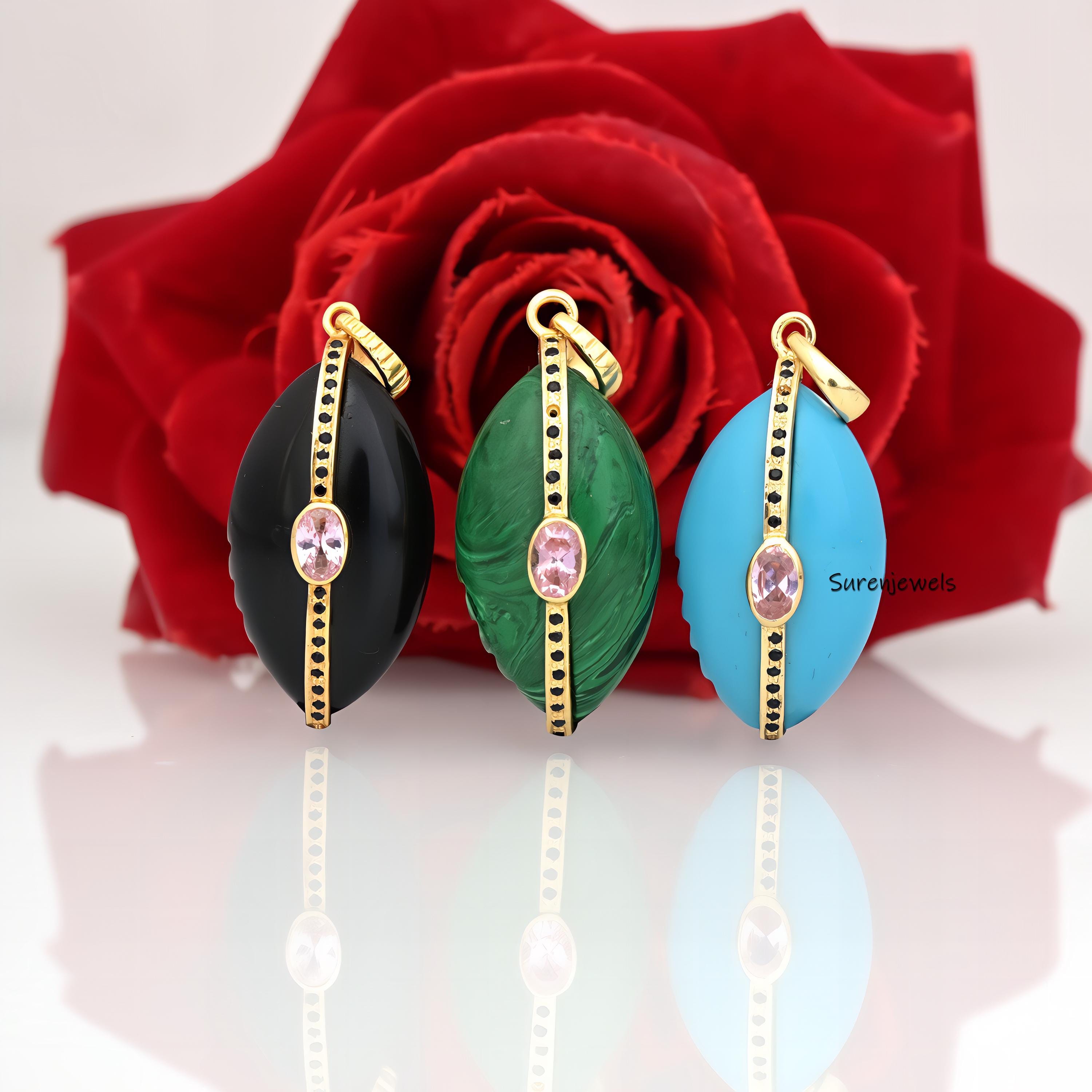 14k Gold Gemstone Cowrie Shell Pendant: Black Spinel & CZ - Suren Jewels | SKU: SJP1790-SLYGBOCZPBS