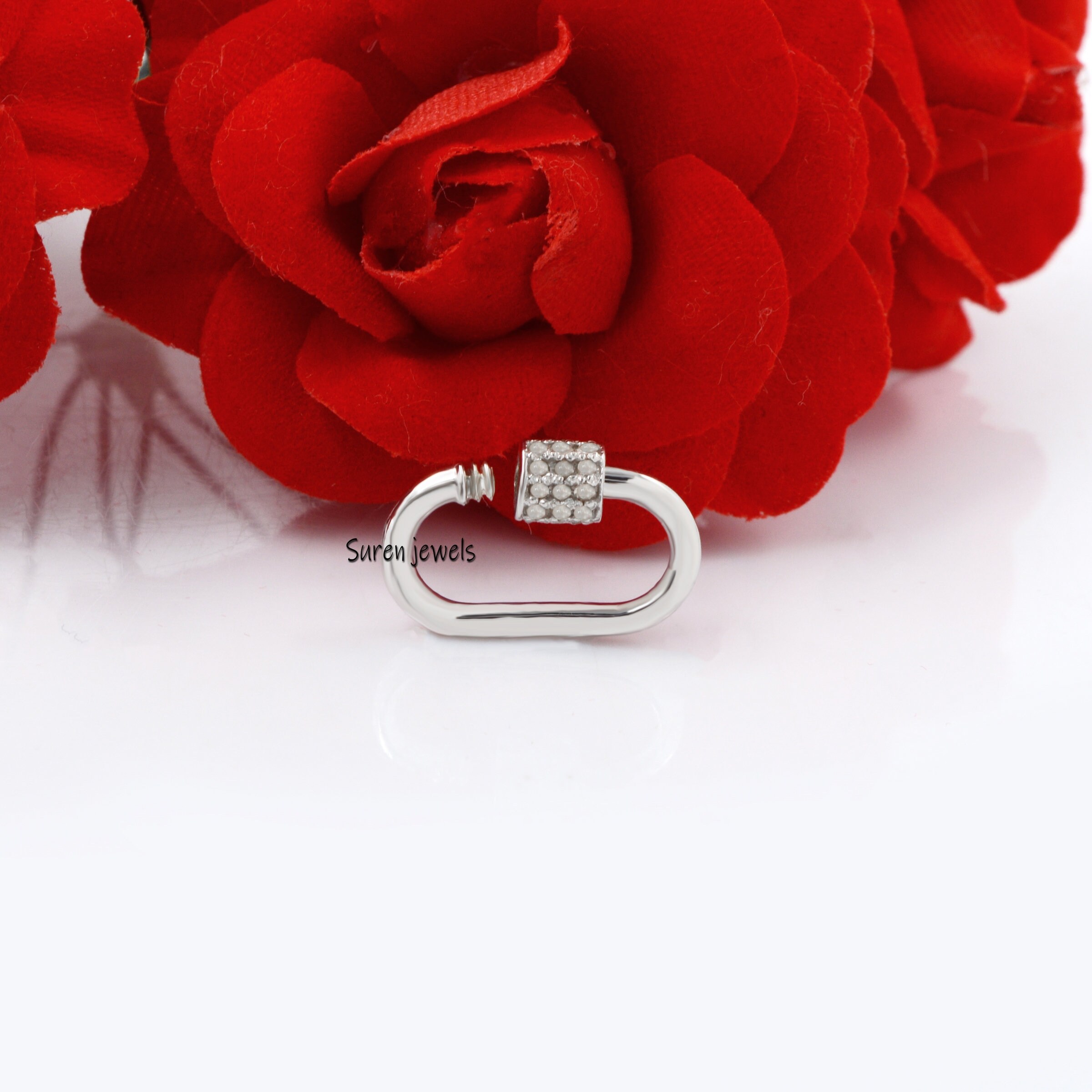 925 Silver Diamond Carabiner Lock - View 3 - Suren Jewels | SKU: SJC131-SLYGDI