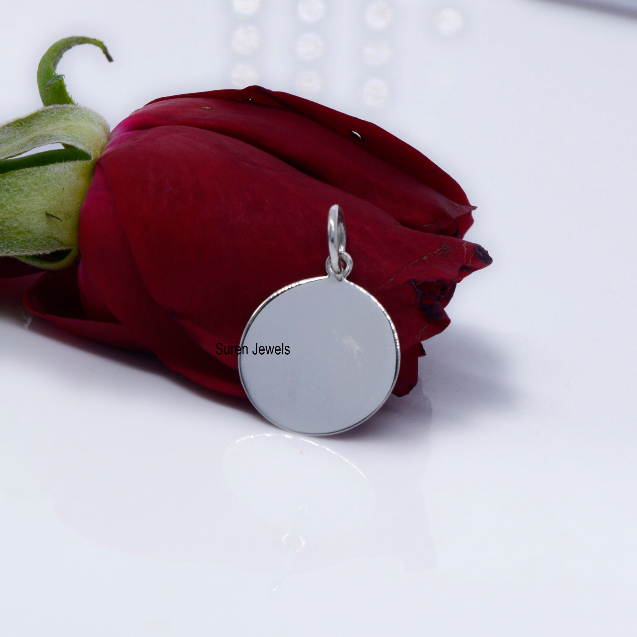 925 Silver Monogram Disc Pendant: Personalized Initial Charm (15mm) - View 4 - Suren Jewels | SKU: SJP744-SLNS-AH