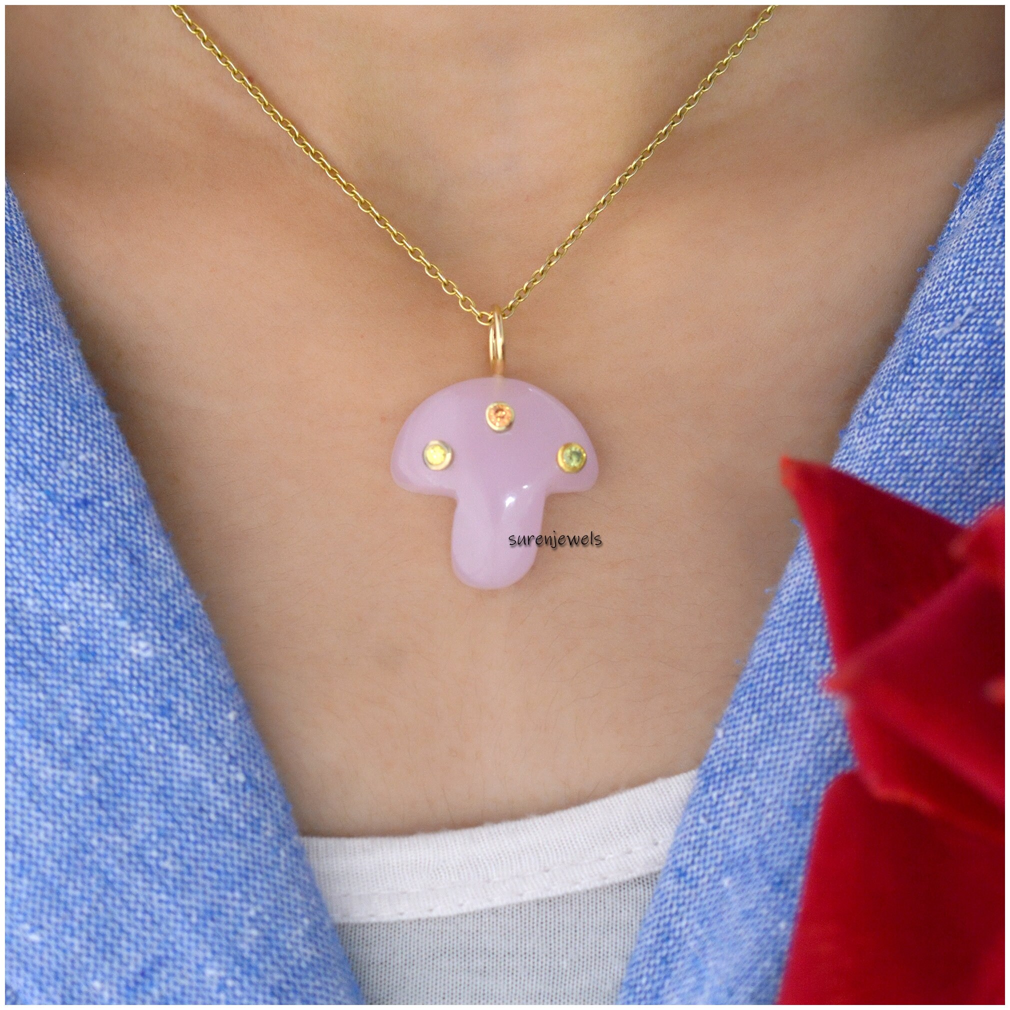 Carved Gemstone Mushroom Pendant: Multi Gemstone Inlay - View 5 - Suren Jewels | SKU: SJP1188-SLNSRQMN