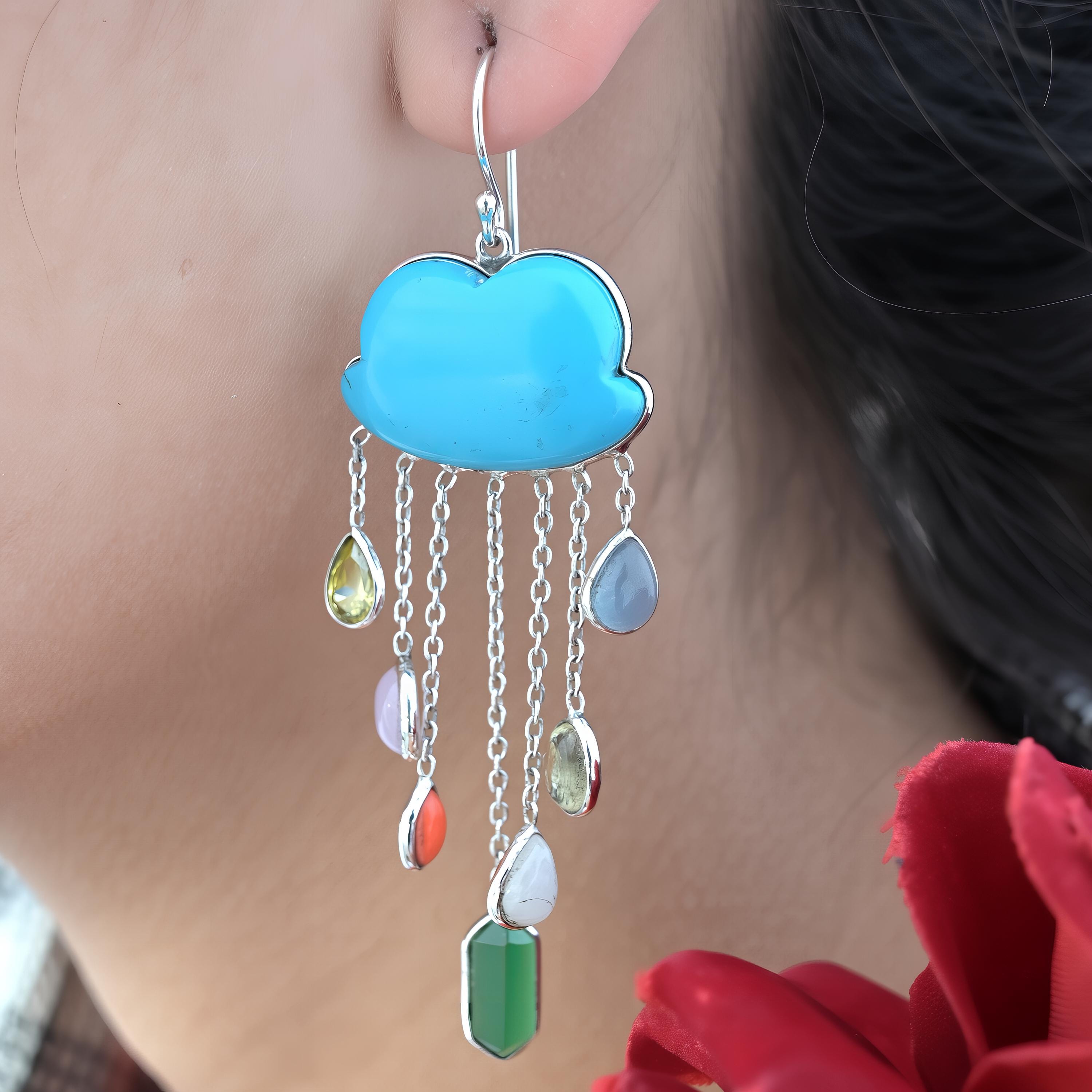 14K Gold Gemstone Cloud Dangle Earrings, Rainy Cloud Design - View 2 - Suren Jewels | SKU: SJE1037-SLYGMSMTCS