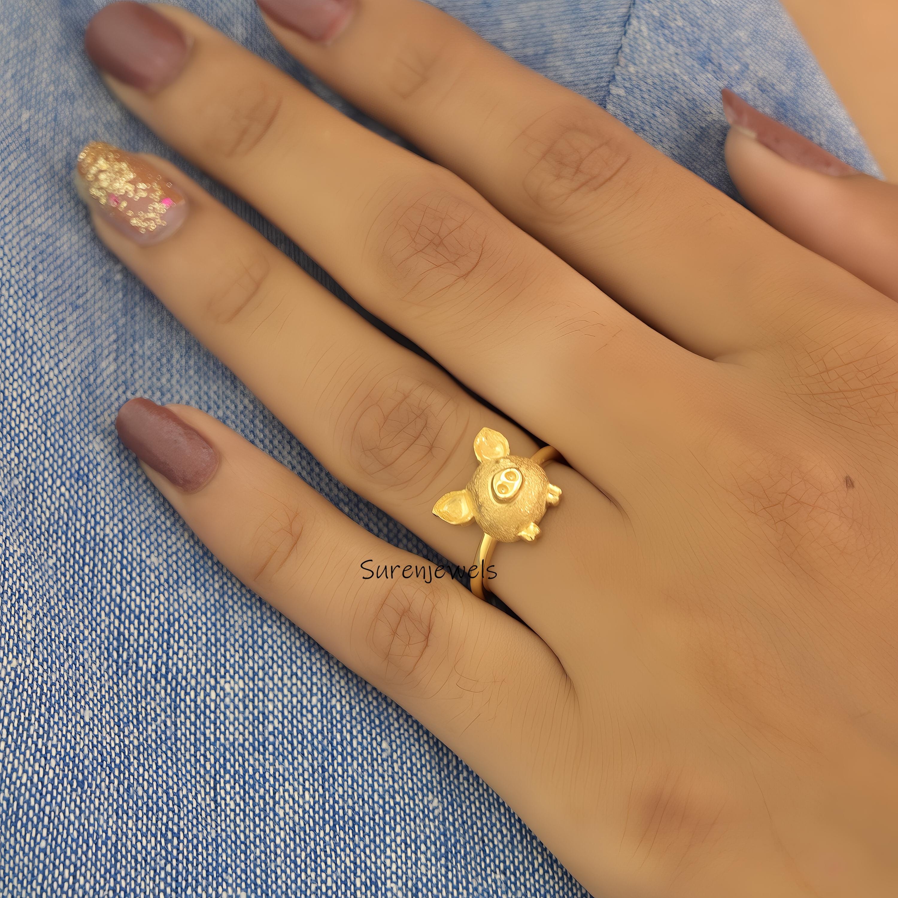 Solid 14k Gold Pig Face Ring - Handmade Animal Jewelry - View 3 - Suren Jewels | SKU: SJR2896-SLWG-US-7,SJR2924-SLNS-US-6