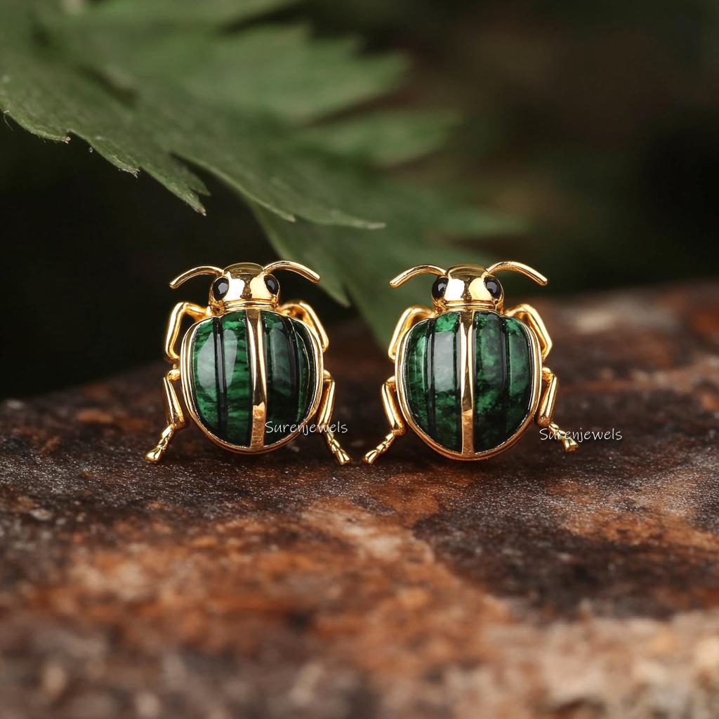 14K Gold Scarab Studs: Hand Carved Egyptian Beetle Earrings - View 2 - Suren Jewels | SKU: SJE1785-SLYGMK-12M,SJE1841-SLRGLB-