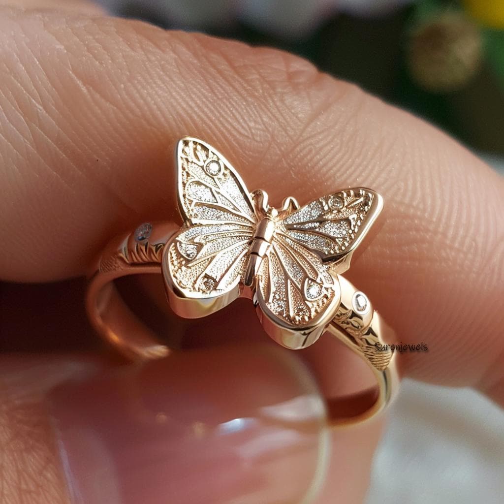 14K Solid Gold Butterfly Ring: Moissanite Animal Jewelry - View 3 - Suren Jewels | SKU: SJR3190-SLYGCZ-US-9,SJR2766-SLYGCZ-US