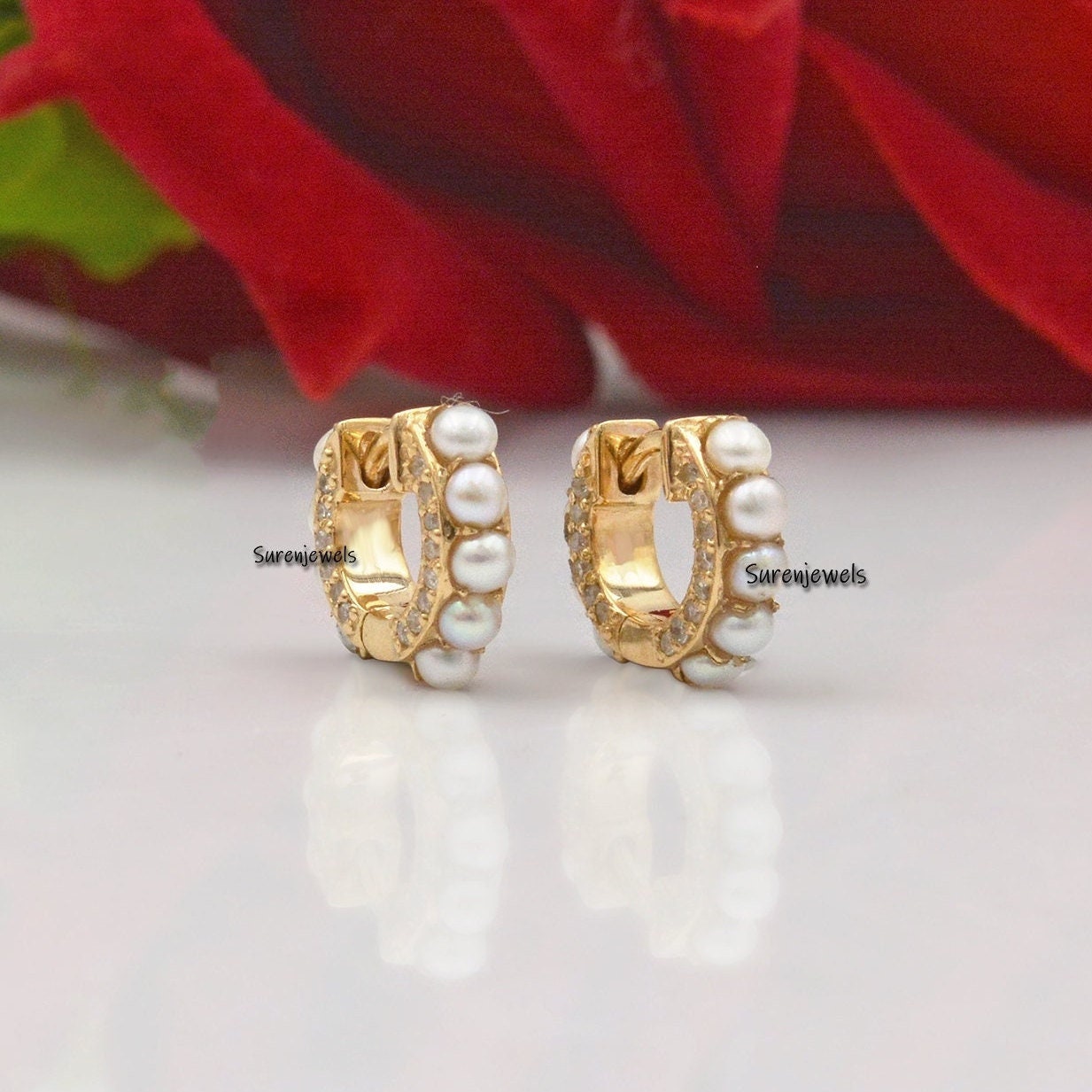 14k Gold Pearl Diamond Huggie Earrings: Dainty Gold Hoops - Suren Jewels | SKU: SJE333-SLYGDIPL